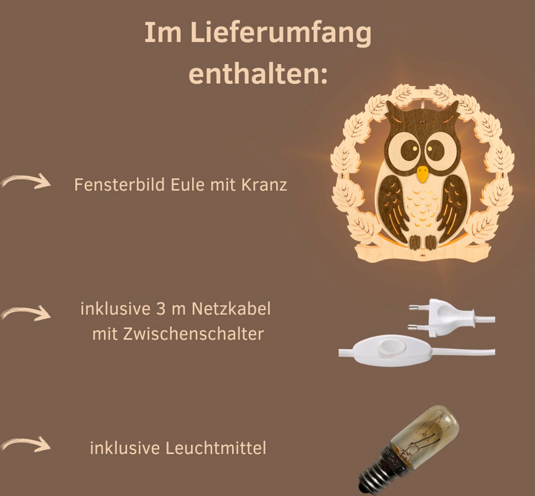 Weigla Beleuchtetes Fensterbild »Eule mit Kranz, Fensterdekoration aus Holz, NATUR-BRAUN«, Erzgebirge garantiert, Herbstdeko Innen, Fensterbeleuchtung
