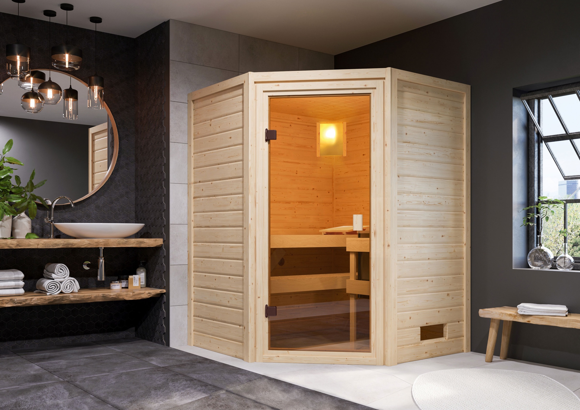 Karibu Sauna ""Anni" mit bronzierter Tür, naturbelassen" aus hochwertiger nordischer Fichte