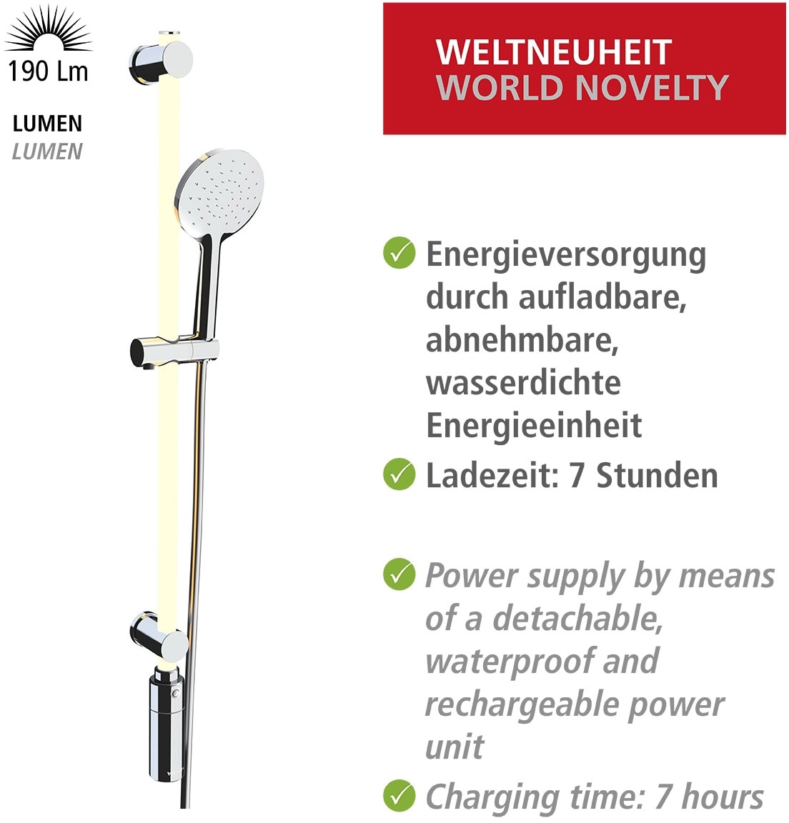 WENKO Stangenbrause-Set »Duschstange mit LED-Beleuchtung«, (3 tlg.), mit Duschkopf und Duschschlauch, inkl. wiederaufladbarer Einheit