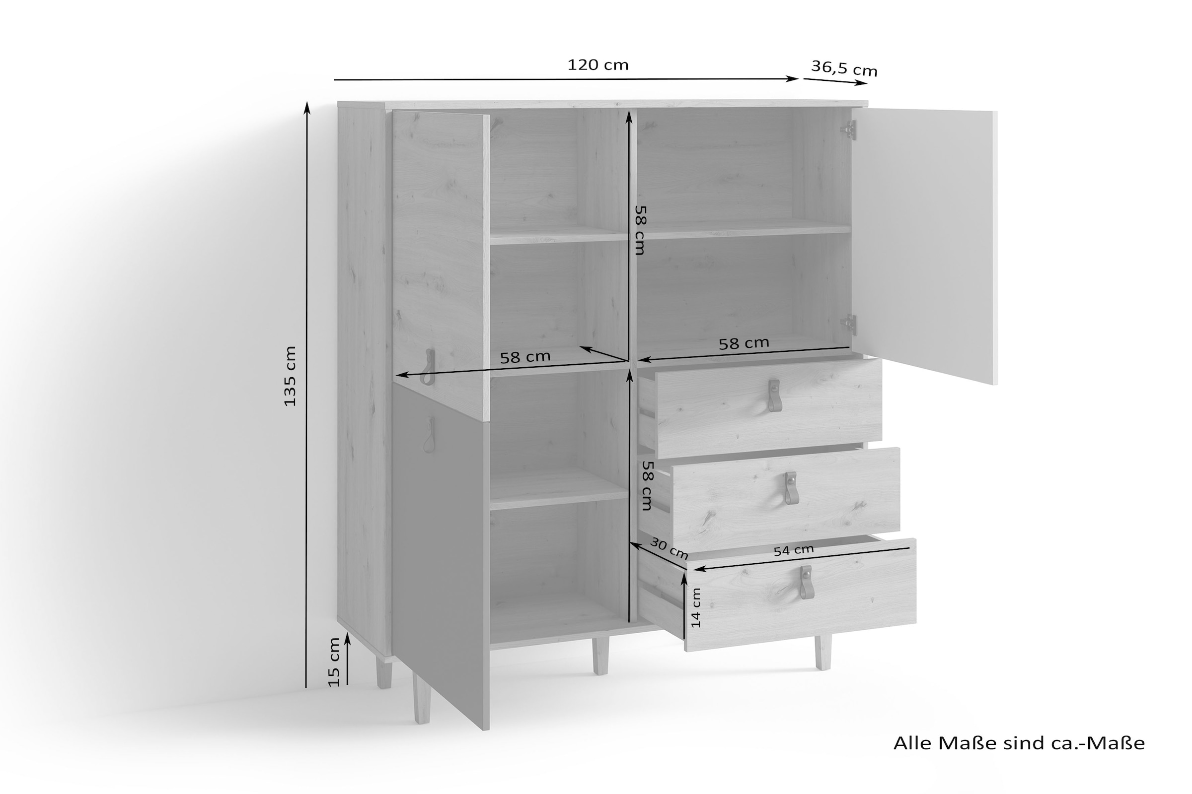 INOSIGN Highboard »Bill, mit drei Schubkästen und drei Türen,«, 120cm Breit mit verstellbaren Einlegeböden, massive Holzbeine