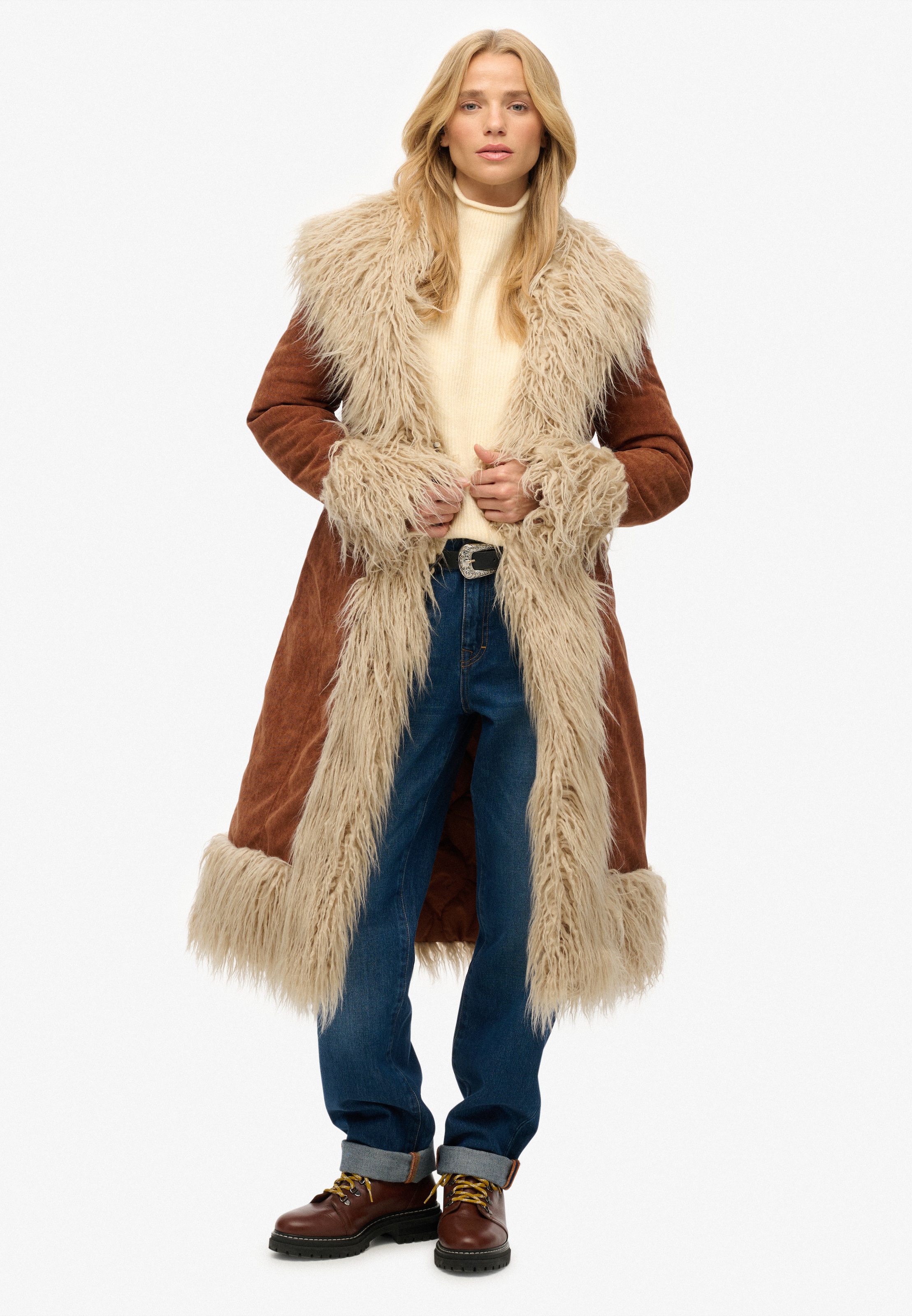 Superdry Fellimitatmantel »LONG AFGHAN COAT« Materialmix, slim fit, mit Kunstfellbesatz
