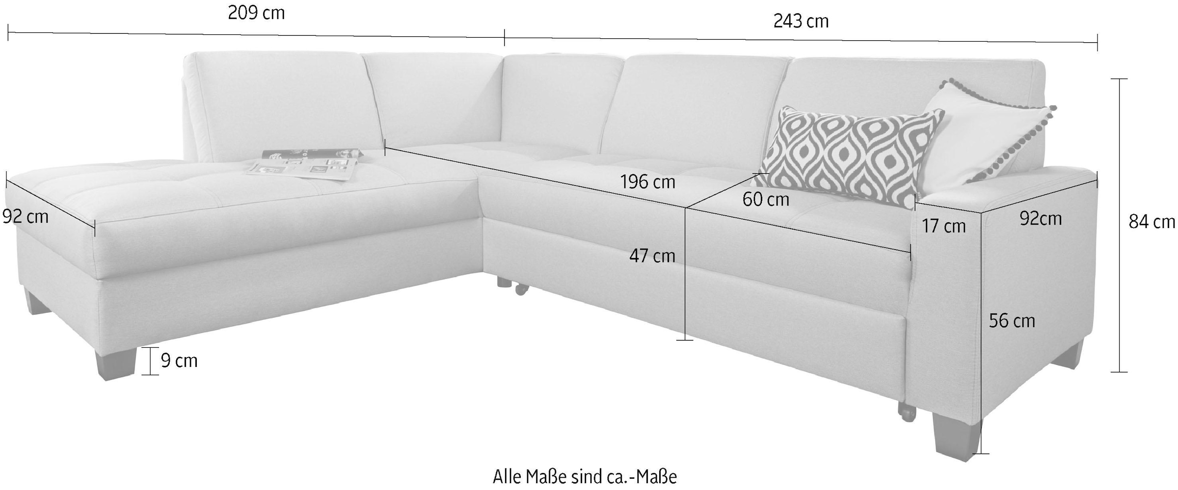 DOMO collection Ecksofa »Florentina zeitlos und elegant, Sitznähte als Designelement, L-Form«, wahlweise mit Bettfunktion, mit Kontrastnaht, Komfortsitzhöhe 47cm