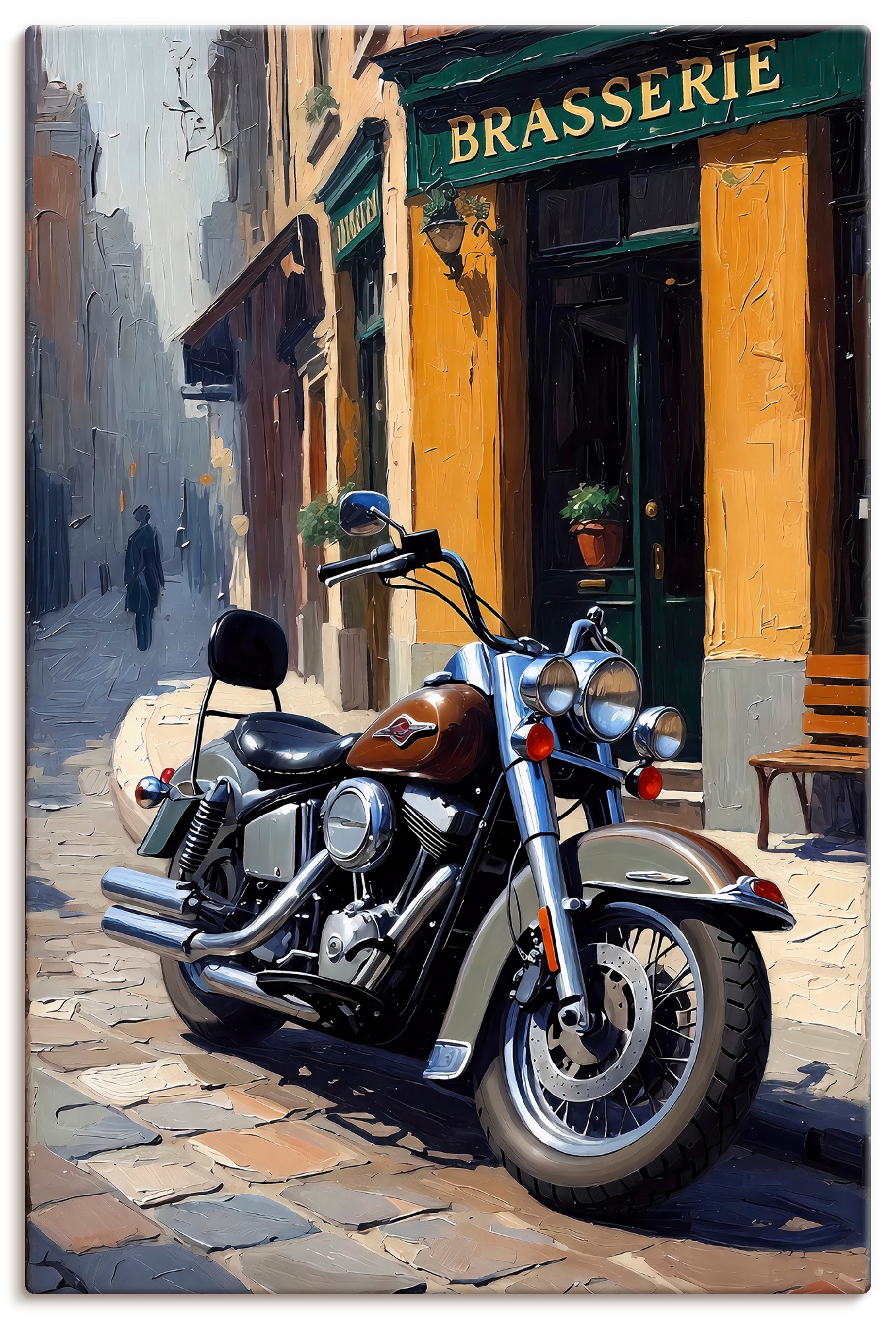 Artland Wandbild "Eine parkende Harley vor einem Brasserie" 1 Stk. tlg. als Alubild, Leinwandbild, Poster, Wandaufkleber in verschied. Größen