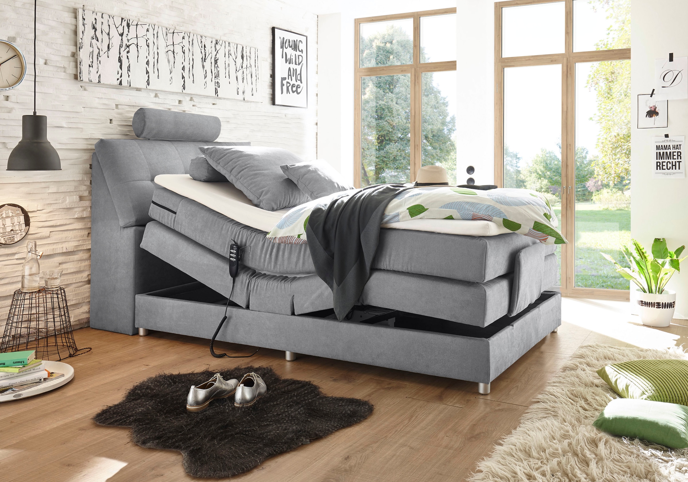 ED EXCITING DESIGN Boxspringbett »Palermo«, inkl. Motor, Topper, Kopfstütze und Stauraum im Kopfteil