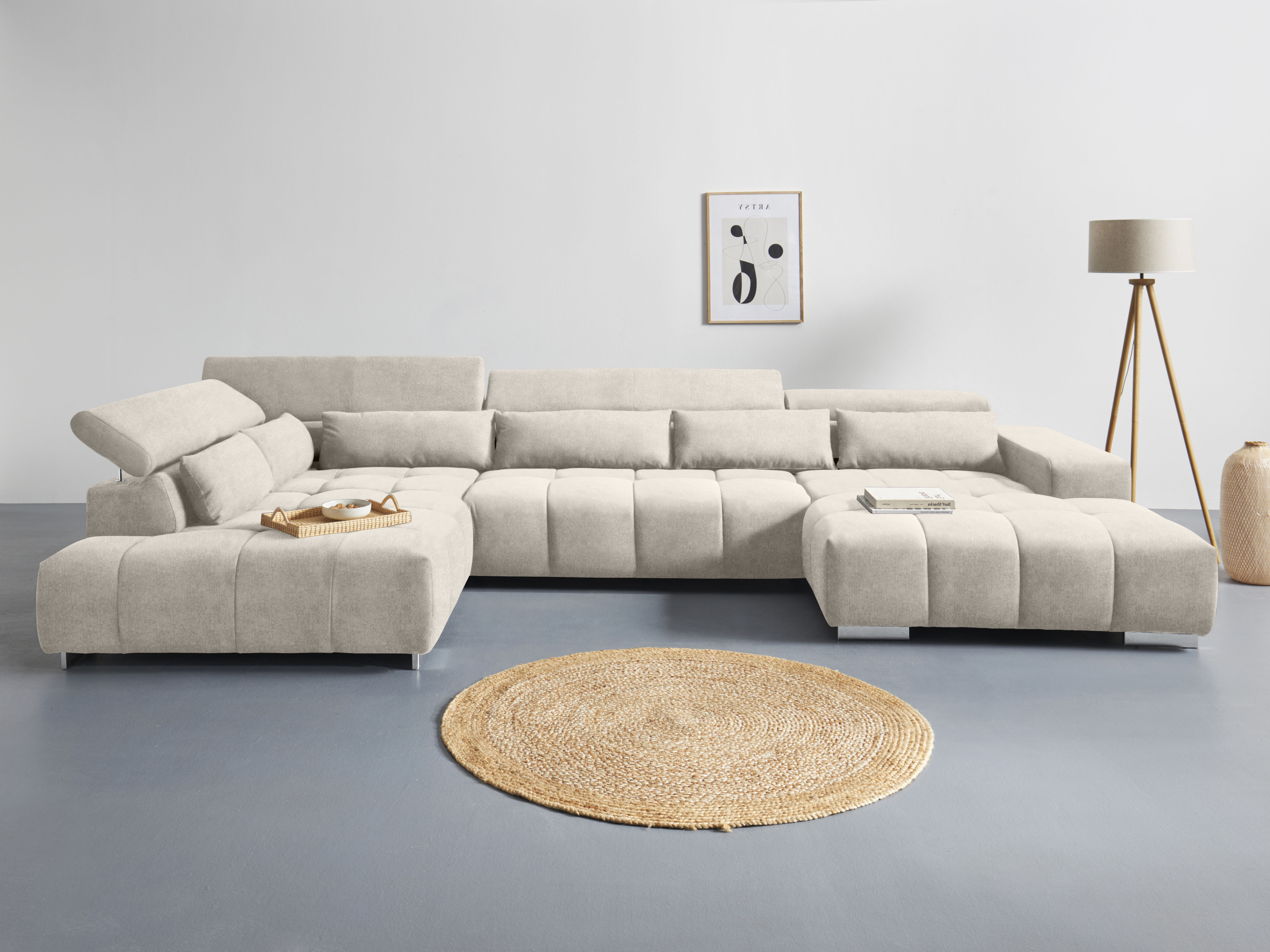 COTTA Wohnlandschaft "Orion U-Form XXL, B: 409 cm, bequeme Wellenunterfederung, top modern" mit Kopfteilverstellung & 6 Nierenkissen