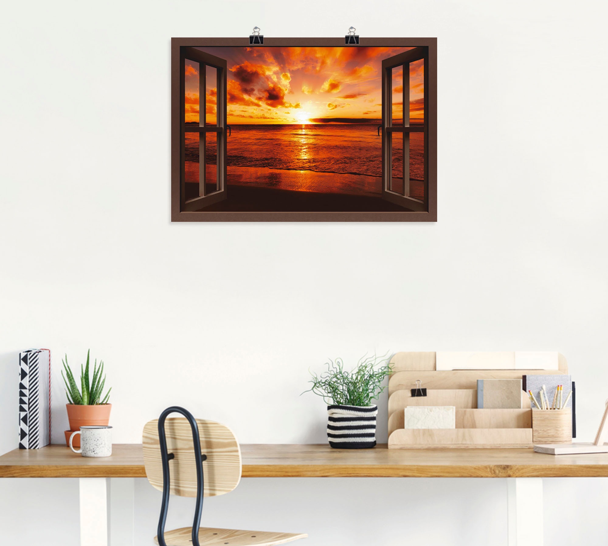 Artland Wandbild »Fensterblick Sonnenuntergang am Strand«, Fensterblick, (1 St.), als Leinwandbild, Poster, Wandaufkleber in verschied. Größen
