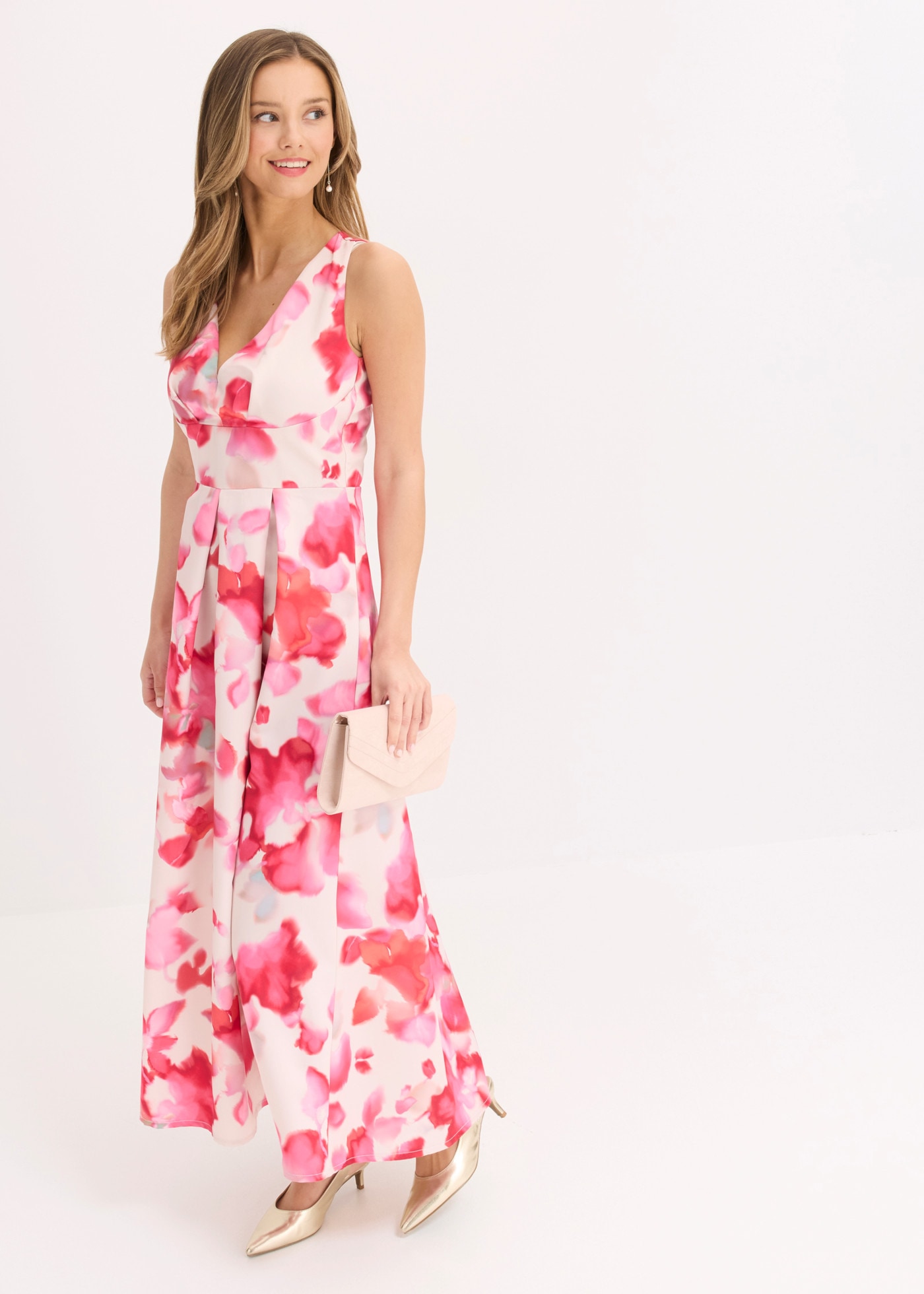bonprix Maxikleid ausgestellte Passform, glänzender Satin mit floralem Print, ärmellos