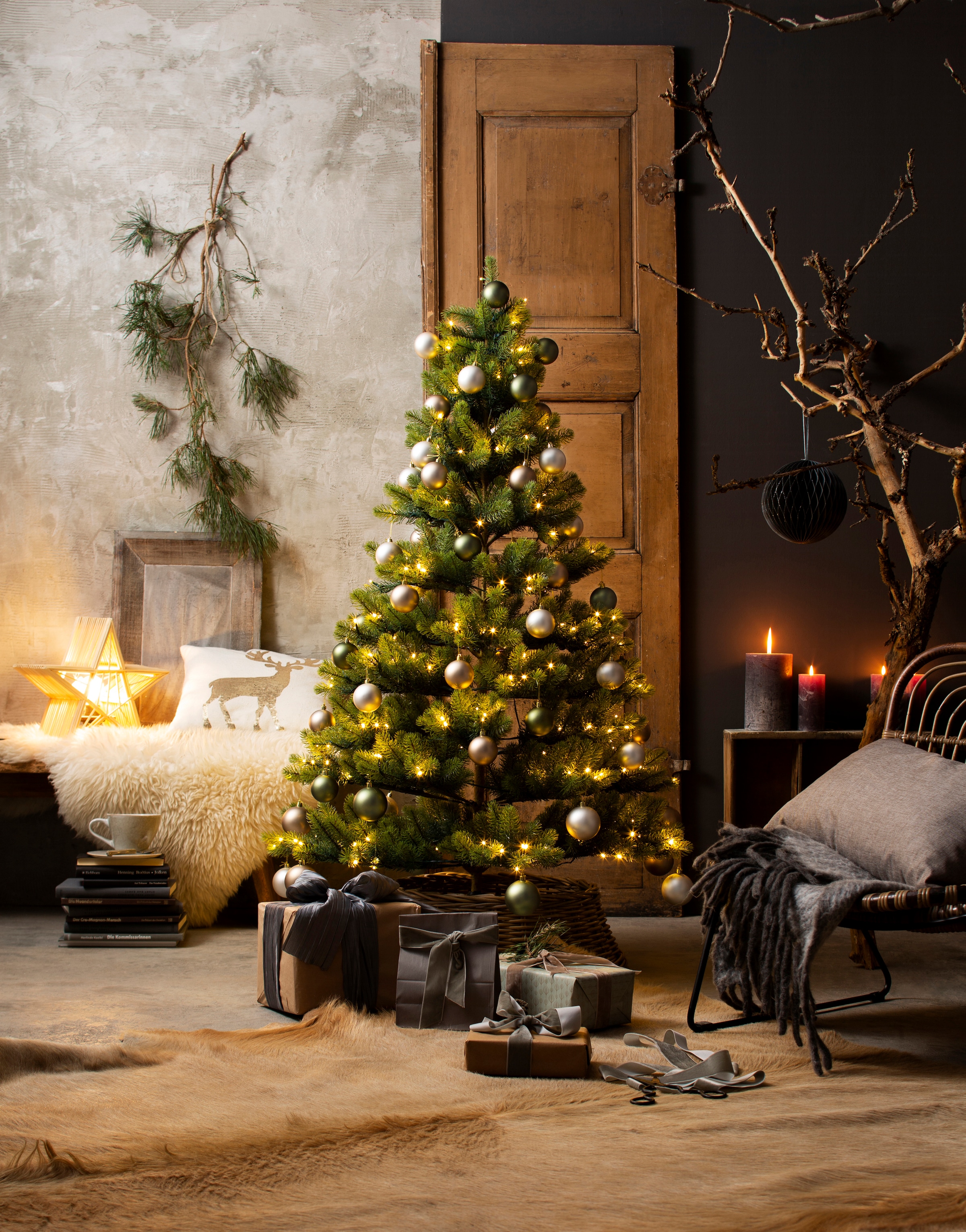 Creativ deco Künstlicher »Fertig Weihnachtsbaum | Beleuchtung Kugeln mit und LED kaufen BAUR geschmückt«, 60