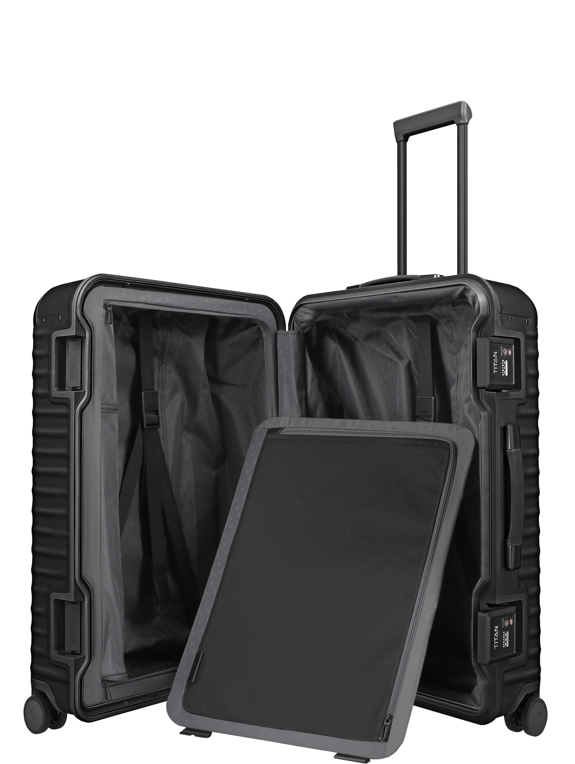TITAN - Made in Germany Trolley »ETERNITY L Aluminium Reisekoffer Made in Germany« 101 l 4 Rollen 100 % Aluminium, Smart Frame und Echtledergriffe