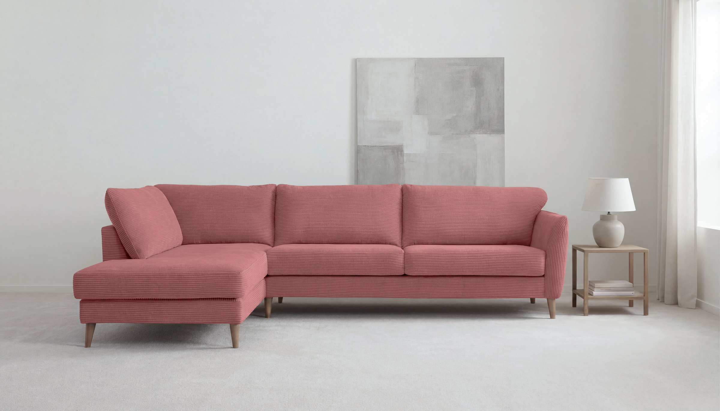 OTTO home Ecksofa "MARSEILLE 278/202 cm, L-Form, Ottom. rechts/links, verschiedene Bezüge" Massivholzbeine Eiche, Landhausstil, Wellenunterfederung