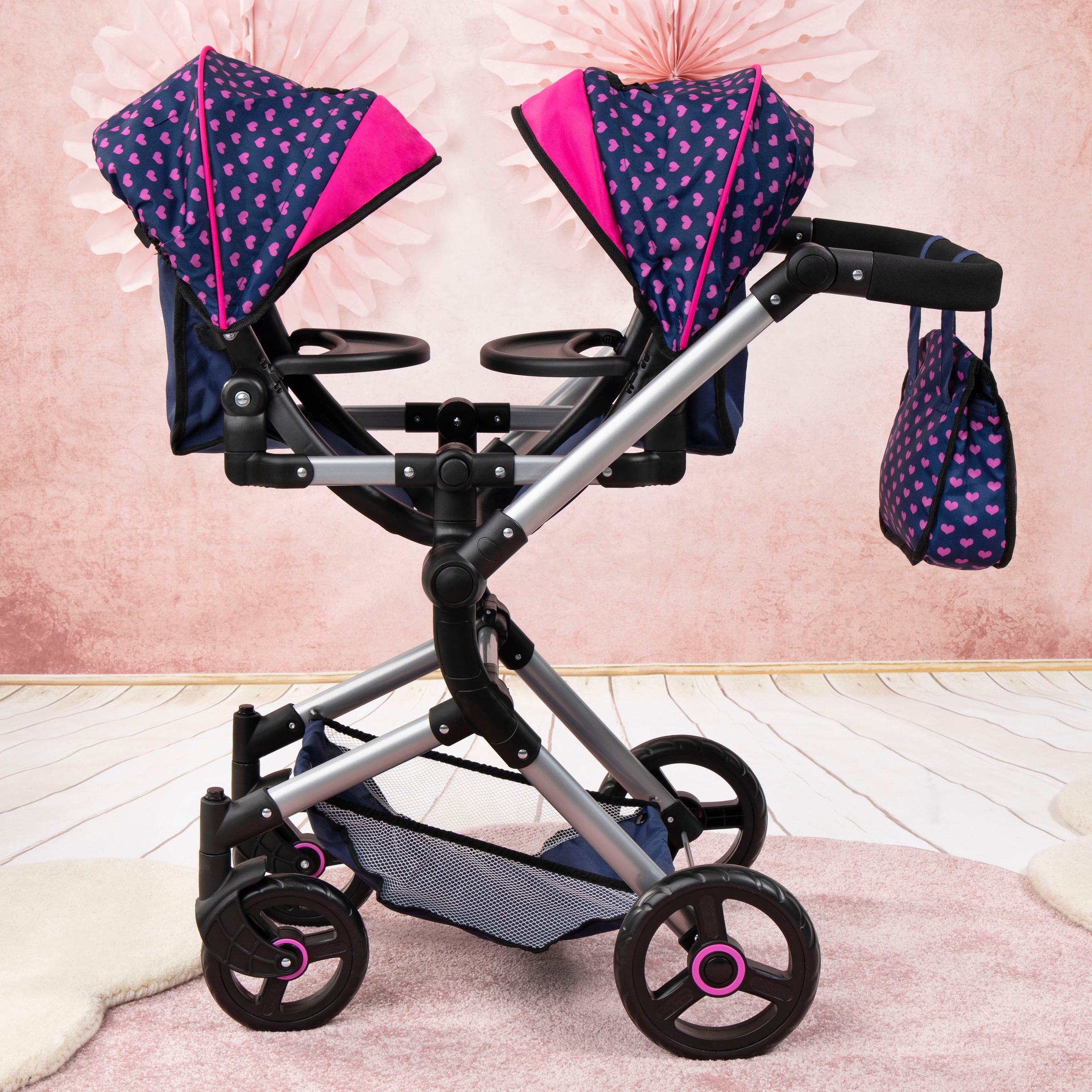 Puppen-Zwillingsbuggy BAYER "Twin Neo", bunt (einhorn blau, pink), Puppenwagen, KinderB:41,5cm H:81cm T:81,5cm, Kunststoff, Metall, Stoff, mit Wickeltasche, B:41,5cm H:81cm T:81,5cm 2