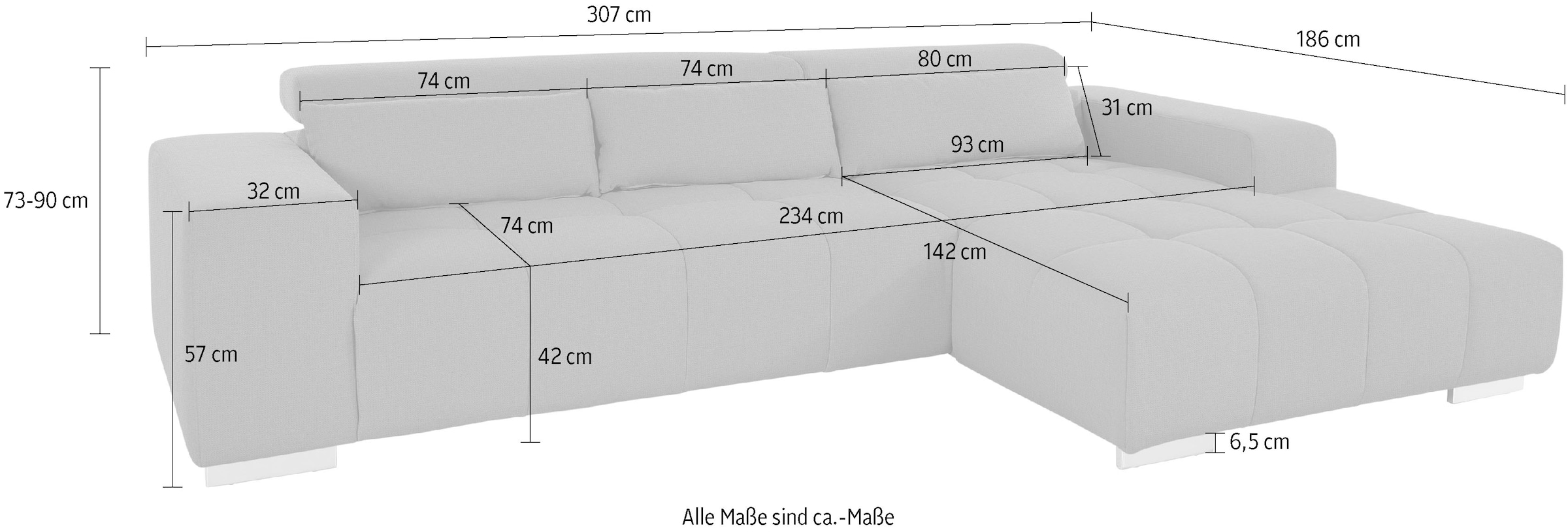 COTTA Ecksofa »Orion L-Form«, mit Recamiere, inkl. verstellbaren Kopfstützen und 3 Kissen