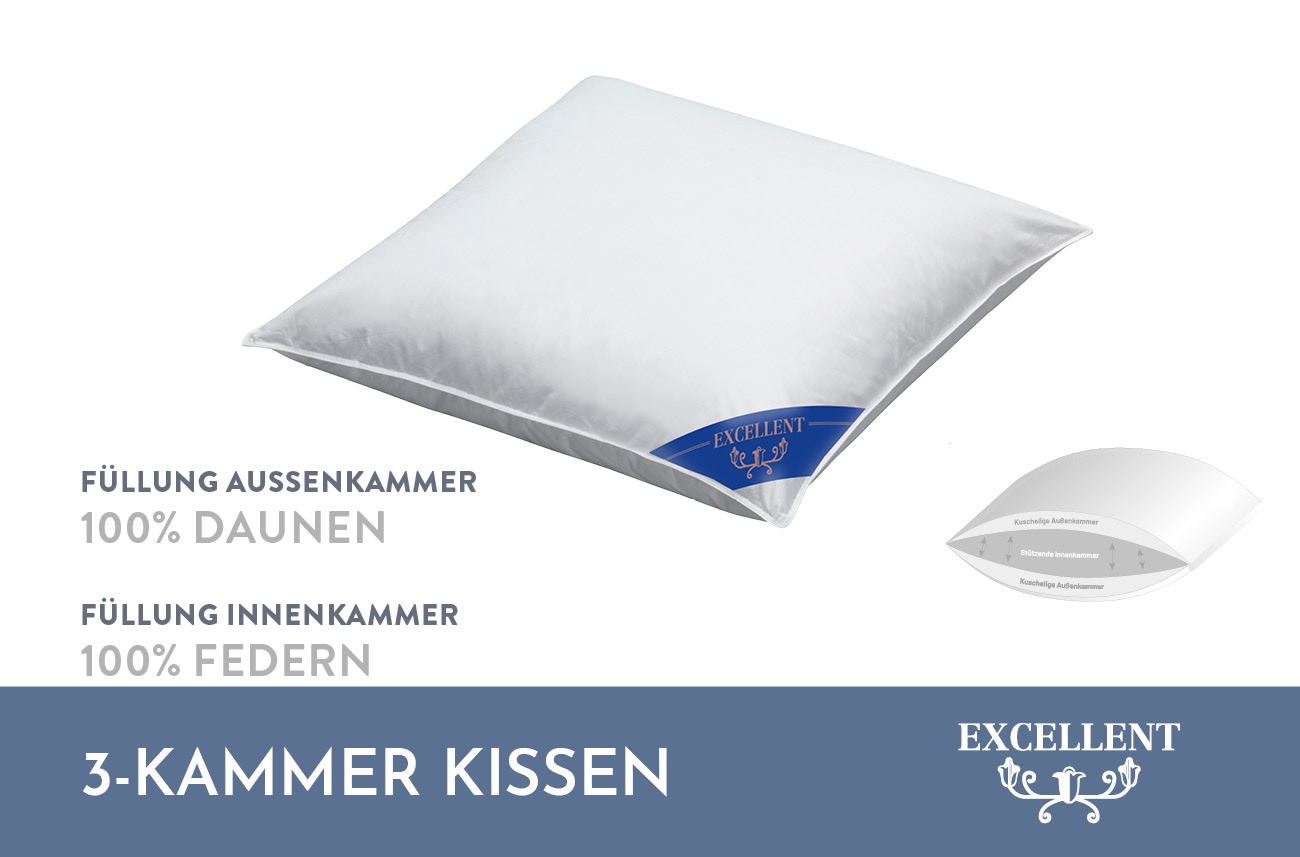 Excellent 3-Kammer-Kopfkissen »Kopfkissen "Venedig" Kissen mit Feder und Daunen Füllung. Kuschelig weiches Kopfkissen.«, Füllung: 100% Daunen (Außenkammer), Bezug: 100% Baumwolle, hergestellt in Deutschland, allergikerfreundlich