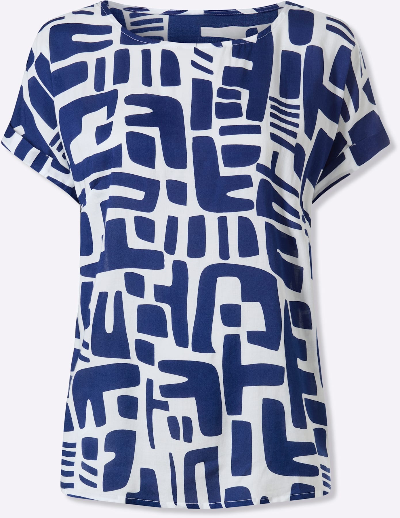 Kurzarmbluse HEINE, Damen, Gr. 42, royalblau, ecru, bedruckt, 100% Modal, bedruckt, gemustert, mehrfarbig, Rundhals, Blusen 3
