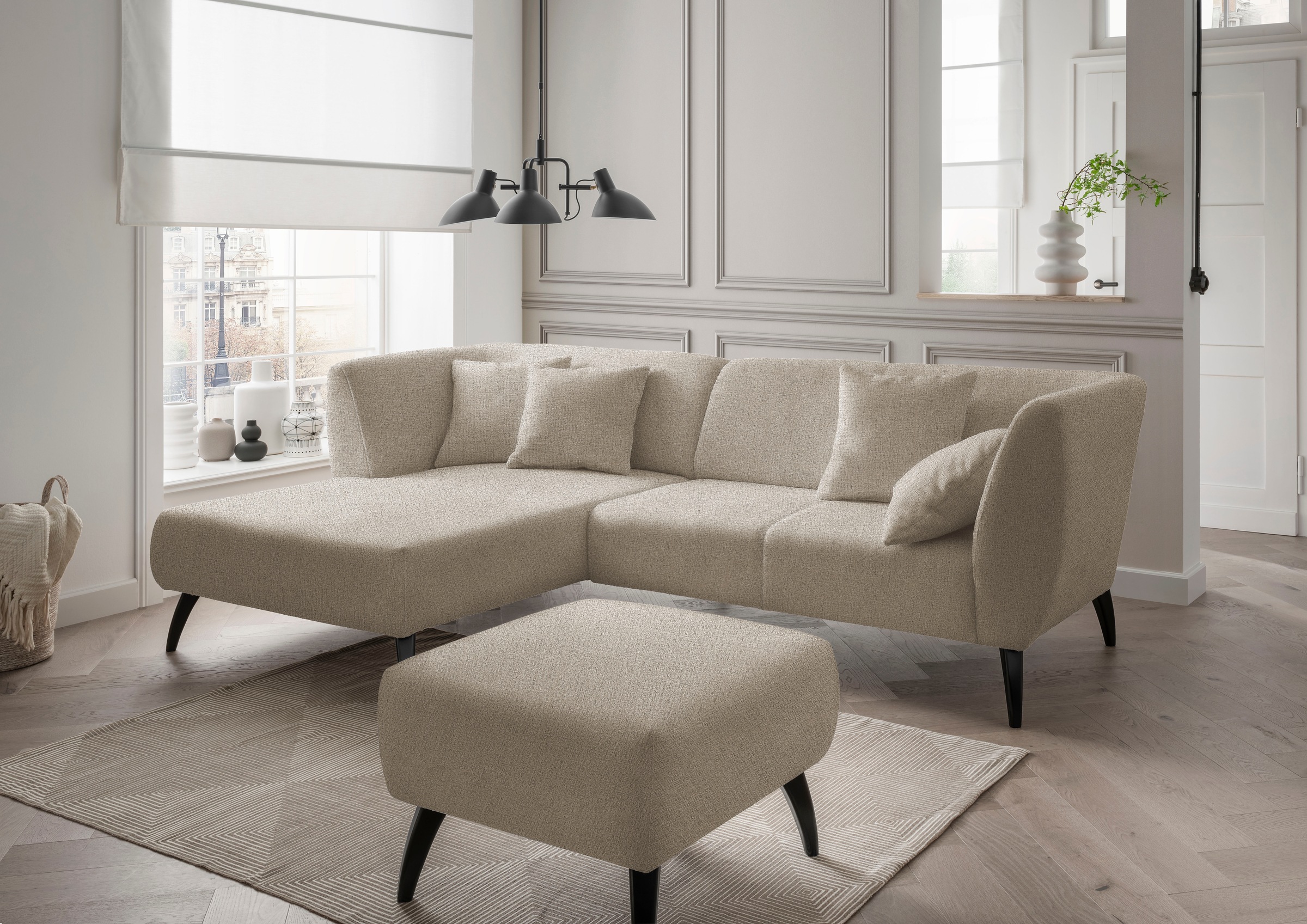 Home affaire Ecksofa "Lazio modern und bequem, schmale Armlehnen, tolle Detailverarbeitung" Holzfußfarbe wählbar, inkl. 4x Zierkissen