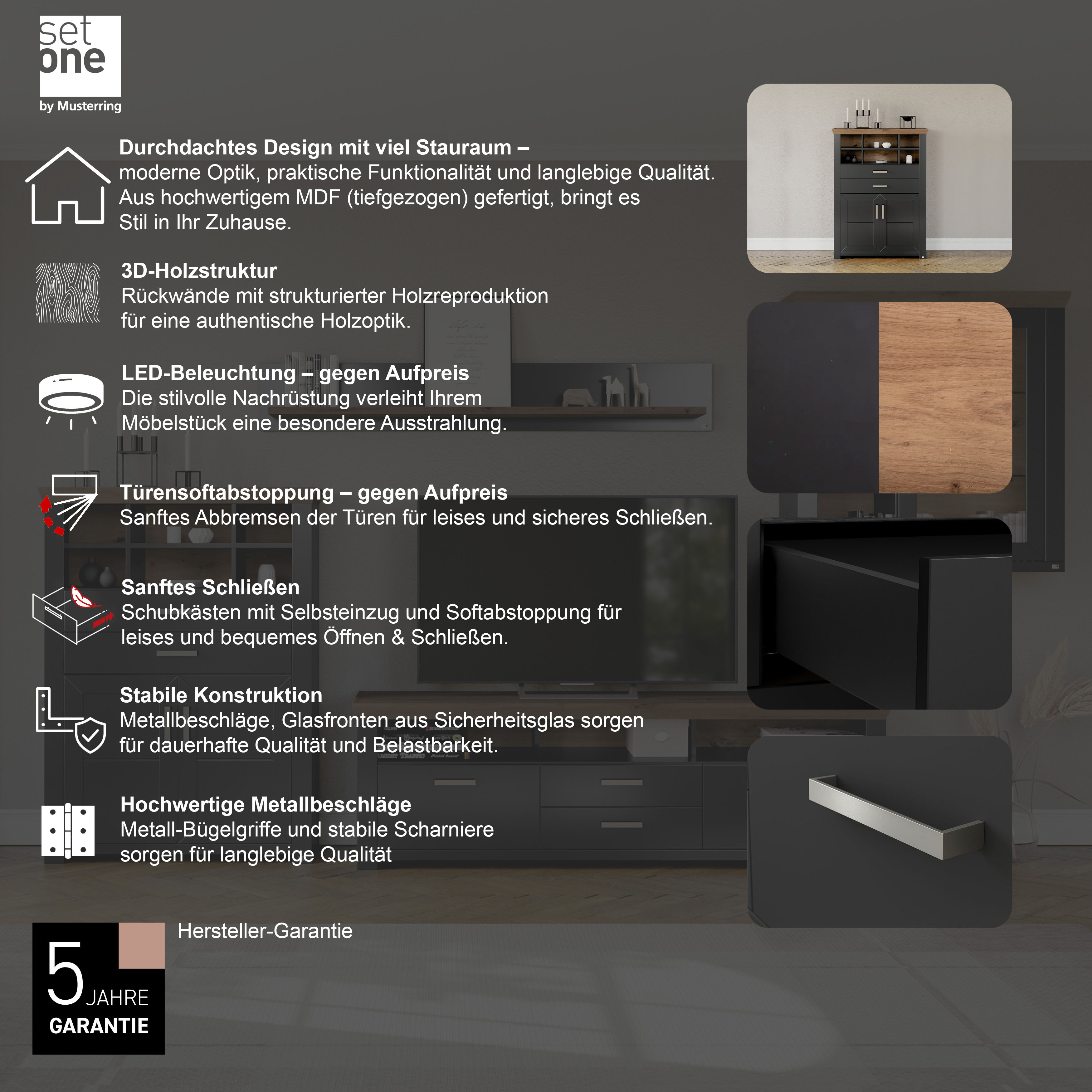 Thumbnail - set one by Musterring Highboard "York" Typ 16, mit Holztüren und Schubkasten, Beleuchtung optional, B 105 cm