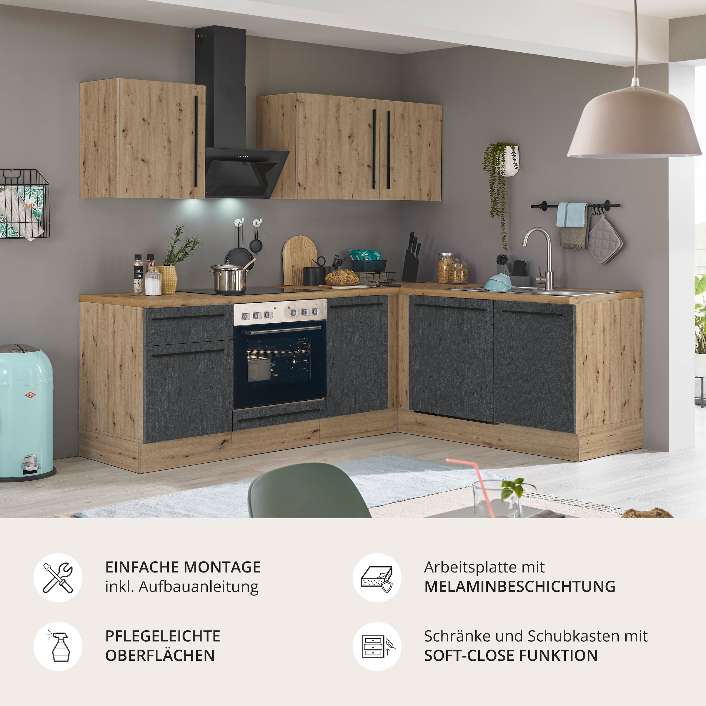 KOCHSTATION Winkelküche »Florida, Stellbreite 220x175 cm« wahlweise mit E-Geräten, mit Softclose für Türen und Schubkästen