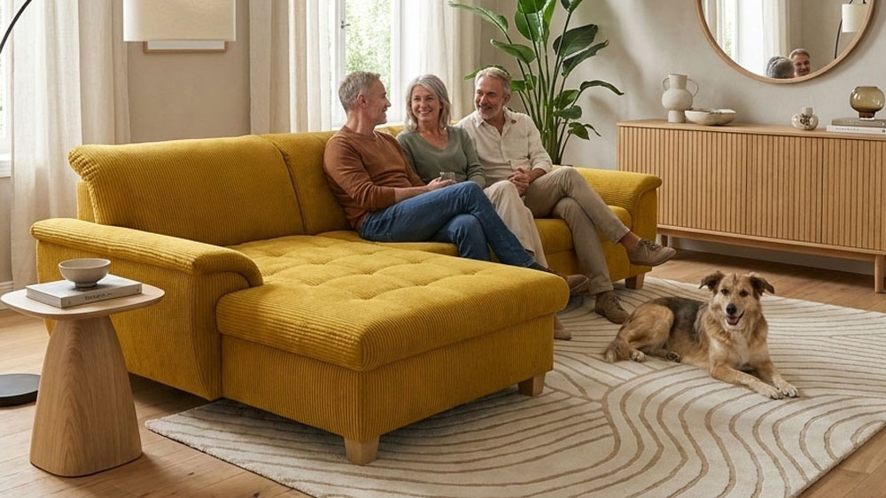 OTTO home "Eggery 279 x 162 cm, auch mit Schlaffunktion & Bettkasten, Holzfüße" L-Form, aus haustierfreundlichem Pet Friendly Cord