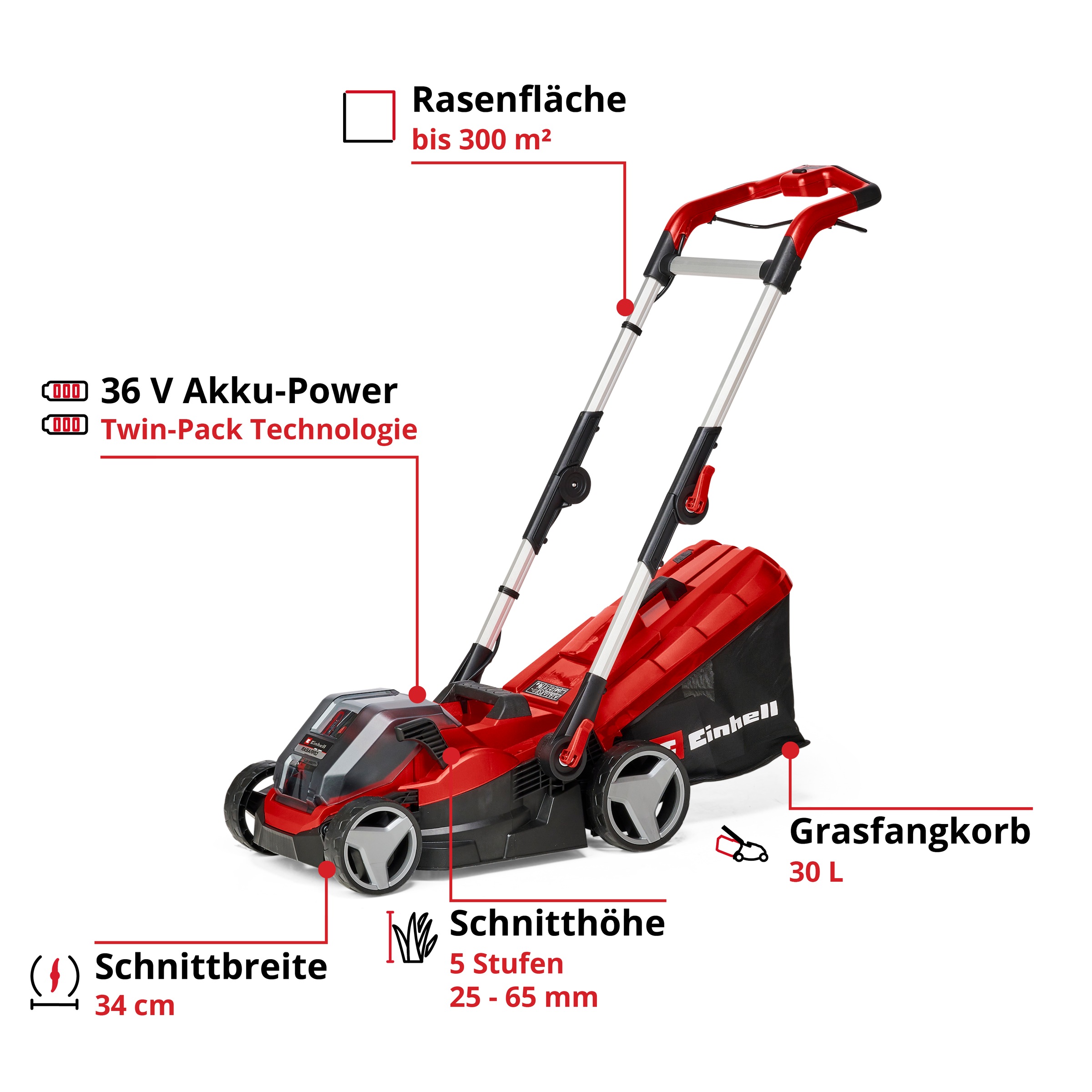 Einhell Akkurasenmäher »Einhell Power X-Change RASARRO 36/34«, mit 2x Akku 18V/3,0Ah und 2x Ladegerät