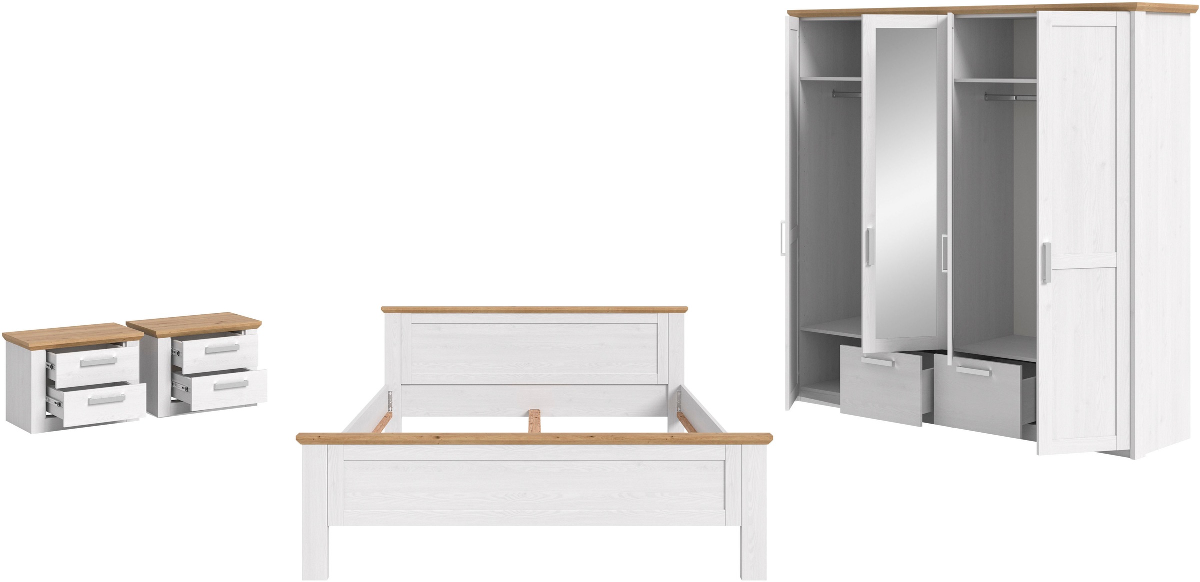 Home affaire Schlafzimmer-Set »COSENZA, TOPSELLER!, 4-tlg., Kleiderschrank, Bettgestell & Nachttische« Matratzengröße 180x200 cm, viel Stauraum, ohne Lattenrost & Matratze, 4 tlg. tlg.