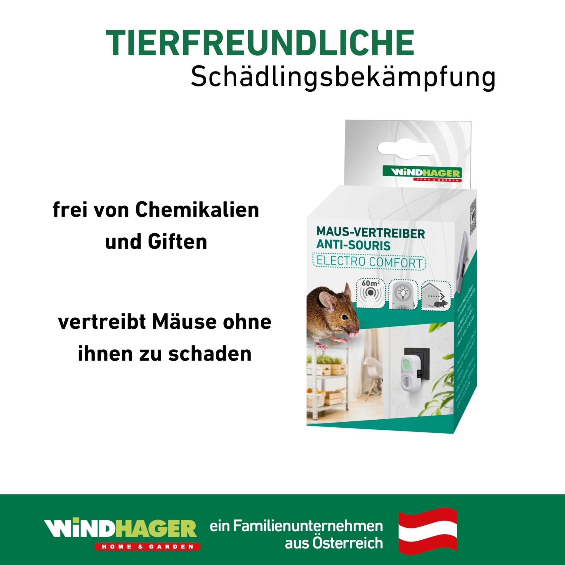 Windhager Ultraschall-Tierabwehr »Mausvertreiber Electro Comfort für Steckdosen« Mäuseabwehr mit einem Wirkungsbereich bis zu 30 m², weiß