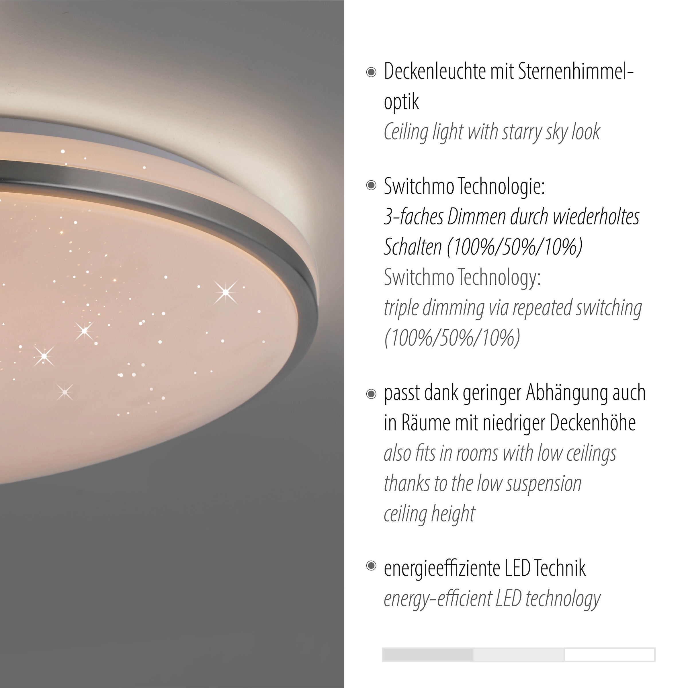 JUST LIGHT LED Deckenleuchte »KYLE« LED-Board 1 Stk. Warmweiß 3-Stufen Dimmer (100%-50%-10%) Starrysky, Memoryfunktion