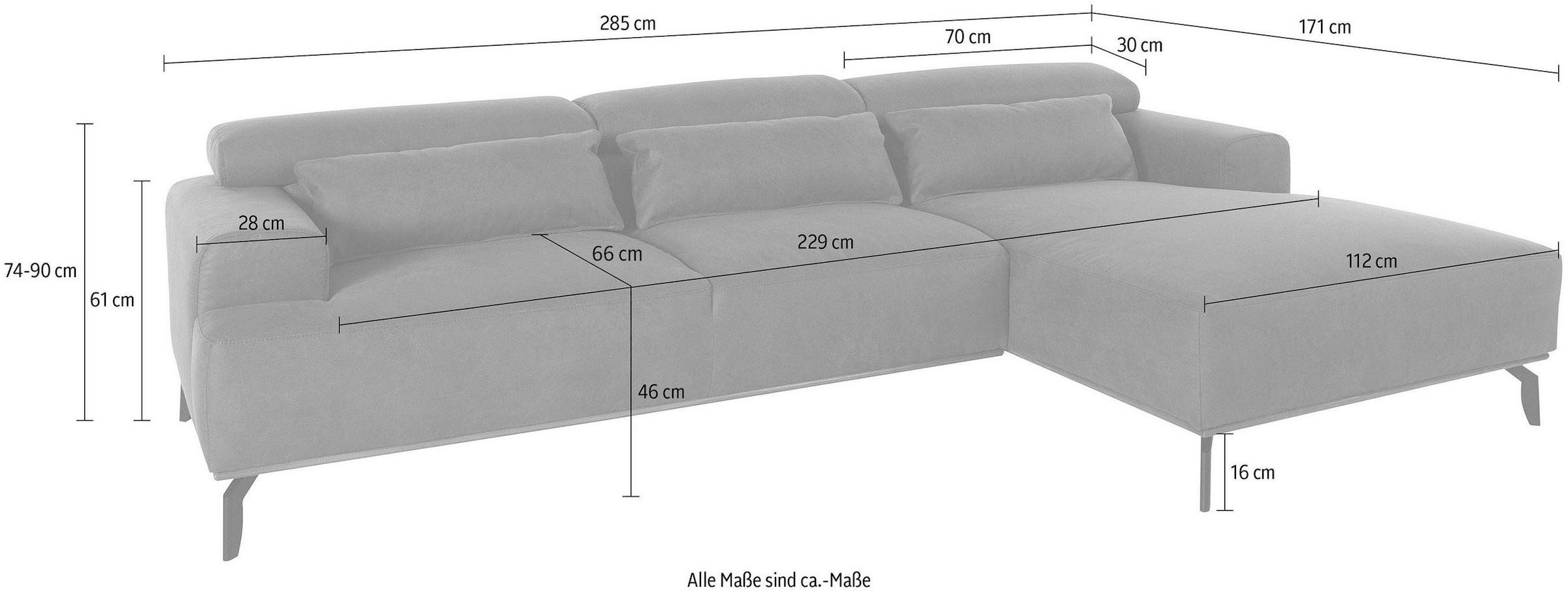 Places of Style Ecksofa »Performance L-Form«, mit Kopfteilverstellung und dekorativer Massivholz-Zierleiste in Eiche