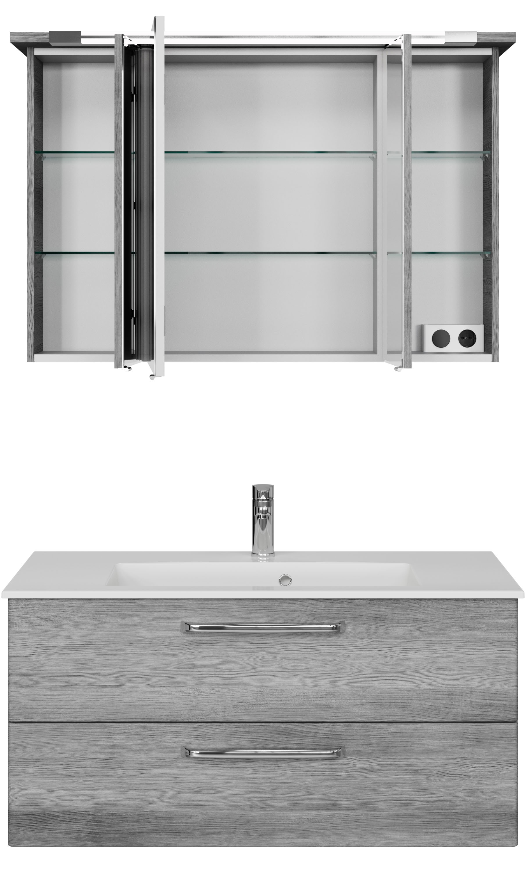 Saphir Badmöbel-Set »Trentino 2-tlg Mineralmarmor-Waschtisch, Spiegelschrank mit LED-Profil«, (3 St.), Badmöbel-Set 107cm breit, inkl. Türdämpfer, 3 Türen, 2 Auszügen