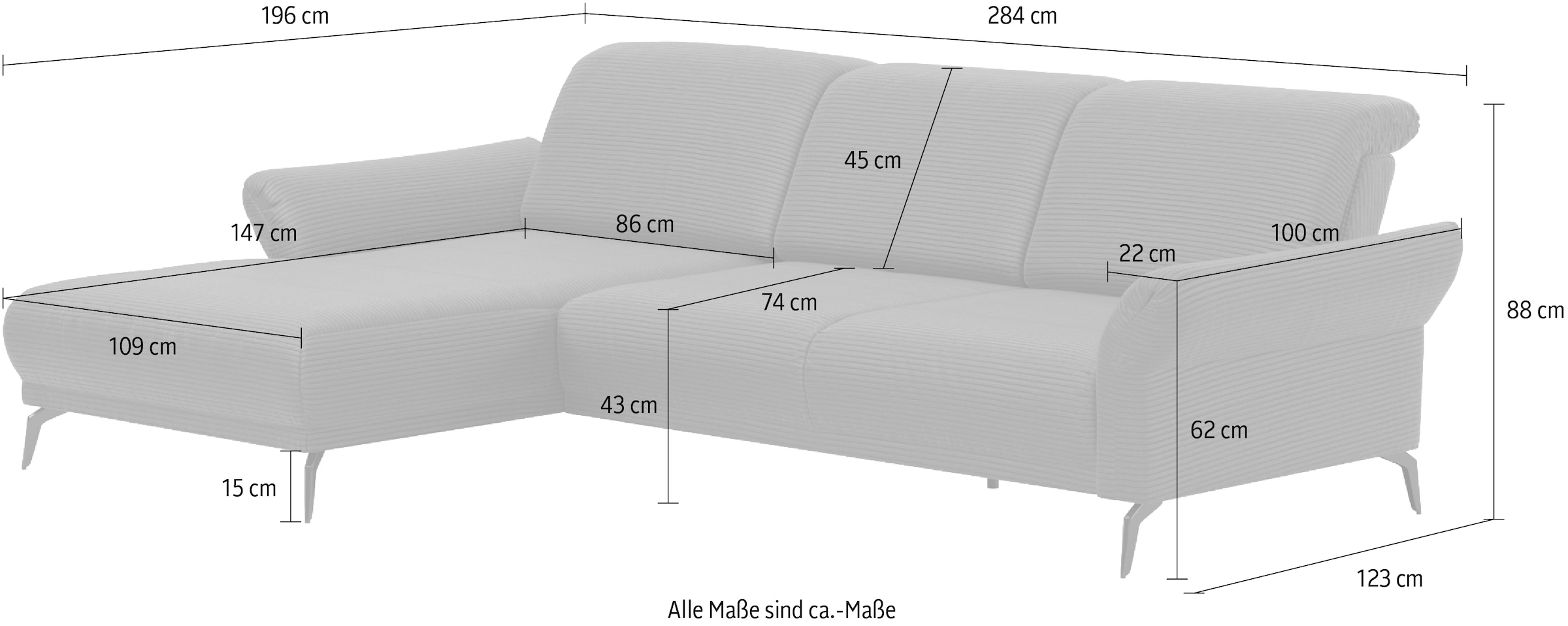 INOSIGN Ecksofa »Coco L-Form«, Sitztiefen-, Arm- und Kopfteilverstellung, Cord-Bezug, Fußhöhe 15 cm