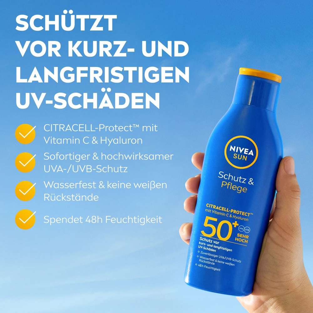 Nivea Sun Sonnenschutzlotion »Schutz & Pflege Lotion LSF50+ mit Labello Sun Gratis« mit Vitamin C & Hyaluron für doppelten Zellschutz