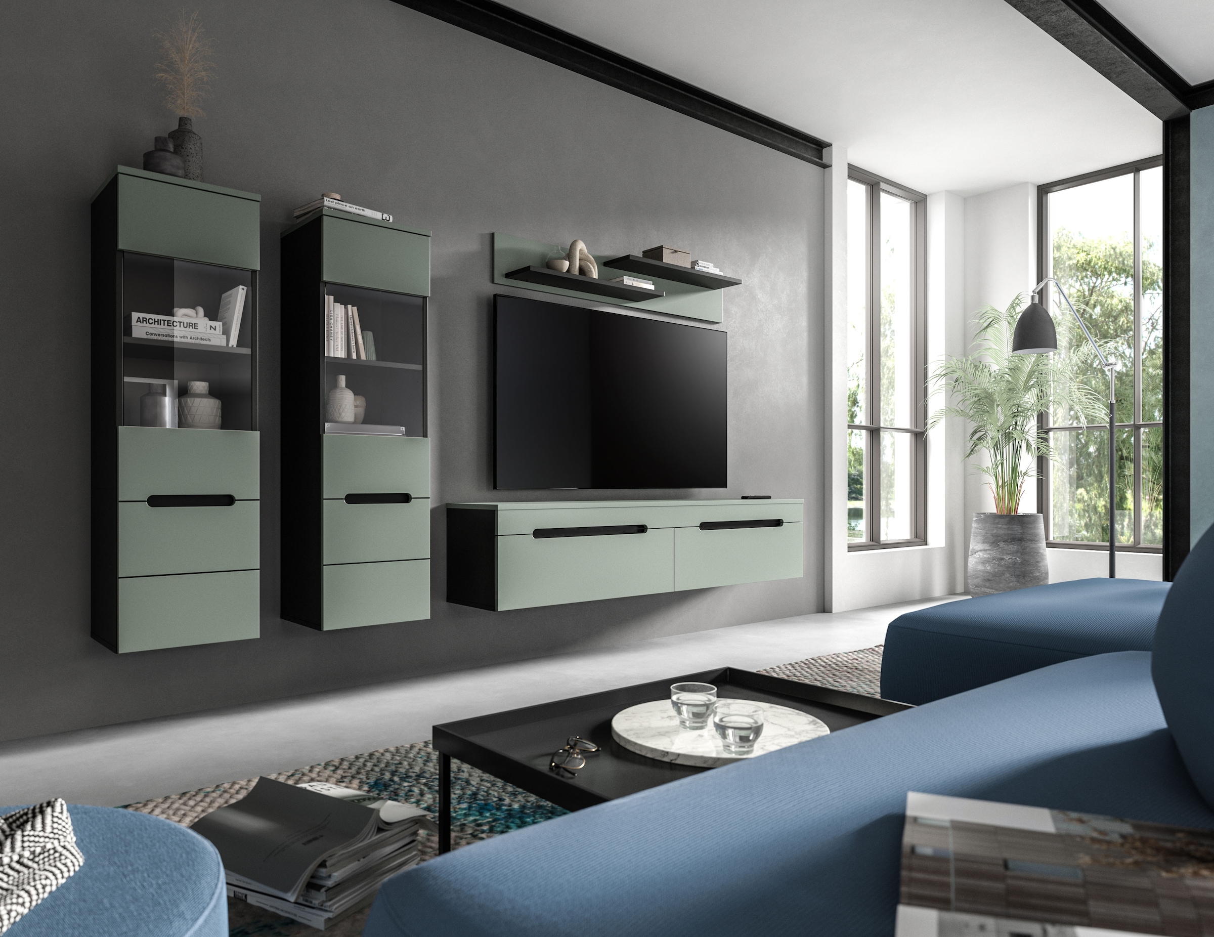 INOSIGN Wohnwand »REHAT, TOPSELLER!, 4-teilig, wahlweise stehend und hängend montierbar«, (3 St., Set bestehend aus: 2x Vitrine, Lowboard und Wandboard), Kombination, Anbauwand, Set, Wohn-Set, Wohnzimmer-Set, Schrankwand