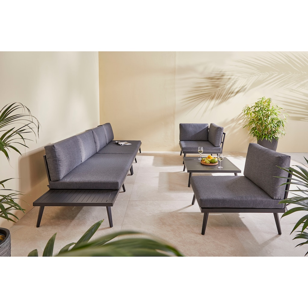 KONIFERA Gartenlounge-Set »Denver«, (Set, 14 tlg., 2x 2er Sofa mit Ablae, 1x Ecke, 1x Sessel, 1x Tisch 85x85x39,5cm), Aluminium, inkl. Auflagen, individuell stellbar, 6 Personen