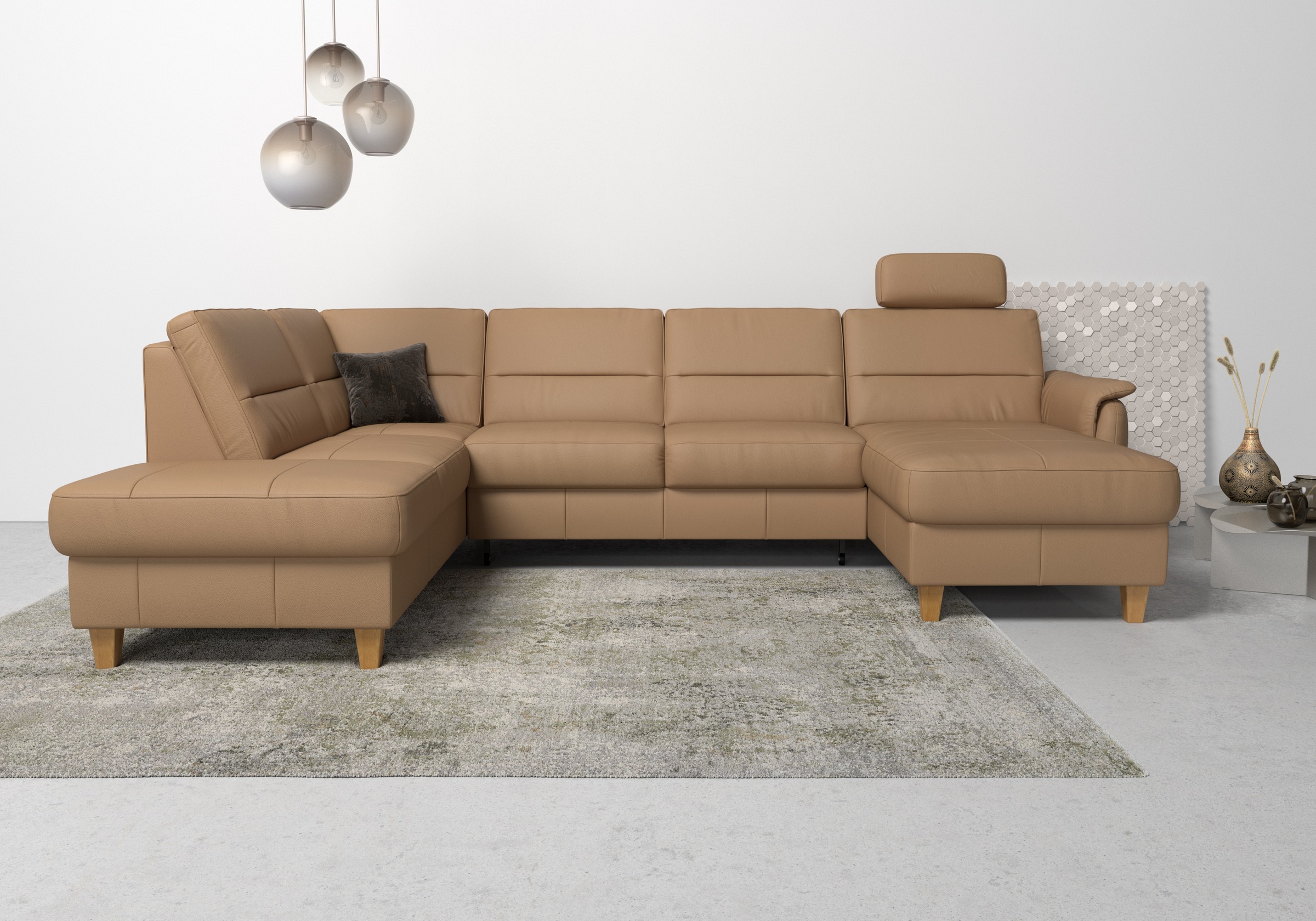 Home affaire Wohnlandschaft "Palmera U-Form, B: 308 cm, große Stoff + Leder Auswahl" mit Schlaffunktion & Bettkasten, Federkern, XXL-Wohnlandschaft