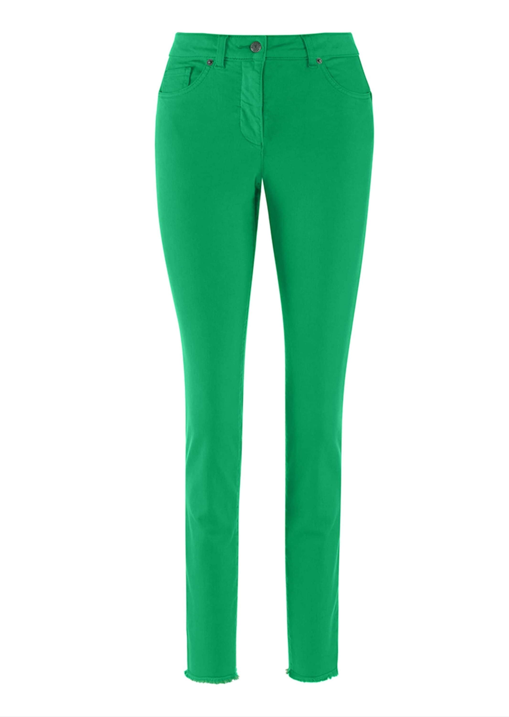Regular-fit-Jeans MADELEINE "Jeans Mid Waist Skinny-Hose mit Fransen", Damen, Gr. 18, K-Gr, grün (apfelgrün), Obermaterial: 92% Baumwolle CO. 6% Polyester PES. 2% Elasthan EL., Jeans