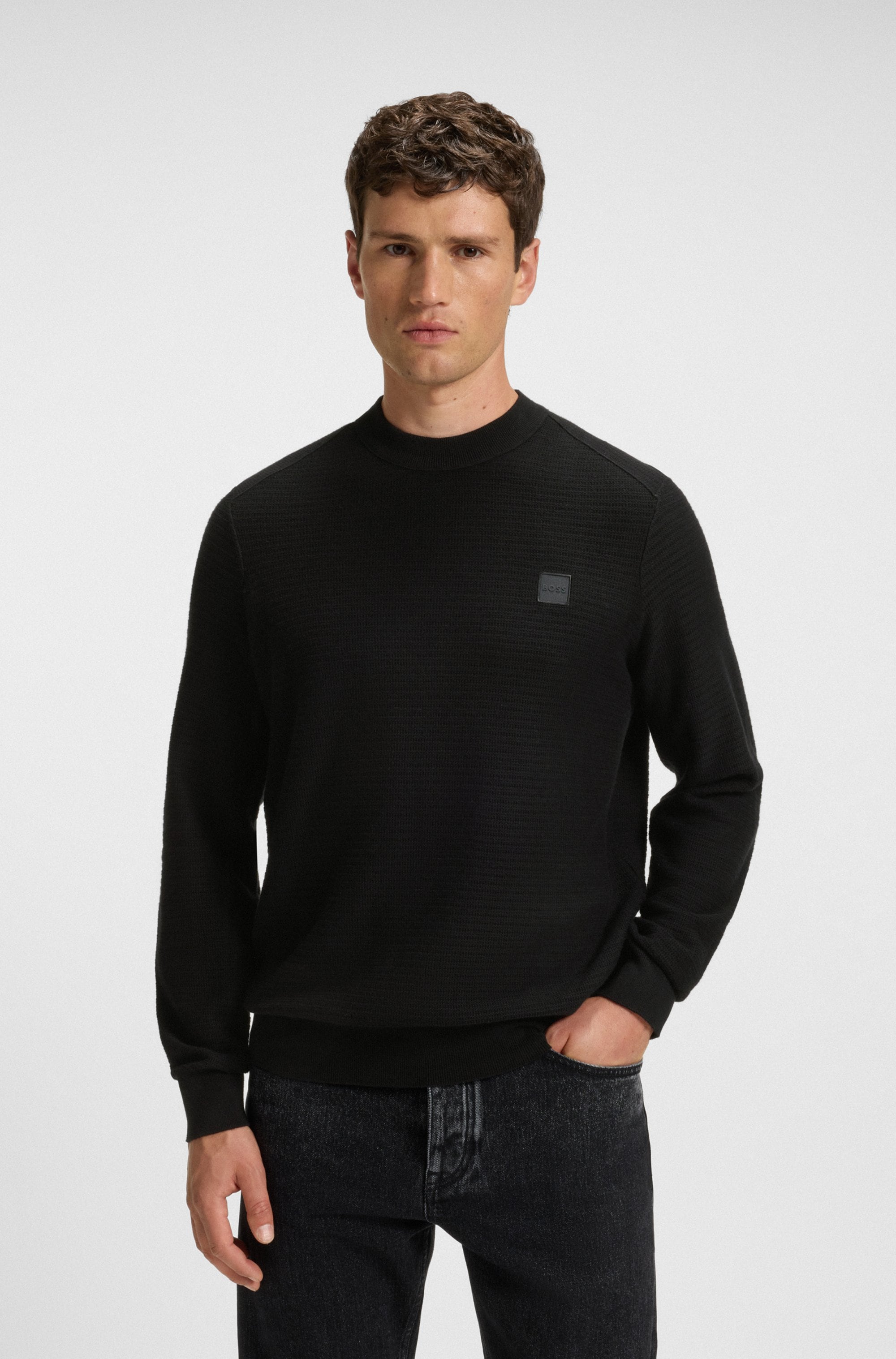 BOSS ORANGE Strickpullover "Anion Cotton Cashmere" Rundhalsausschnitt, Regular Fit, BOSS-Label