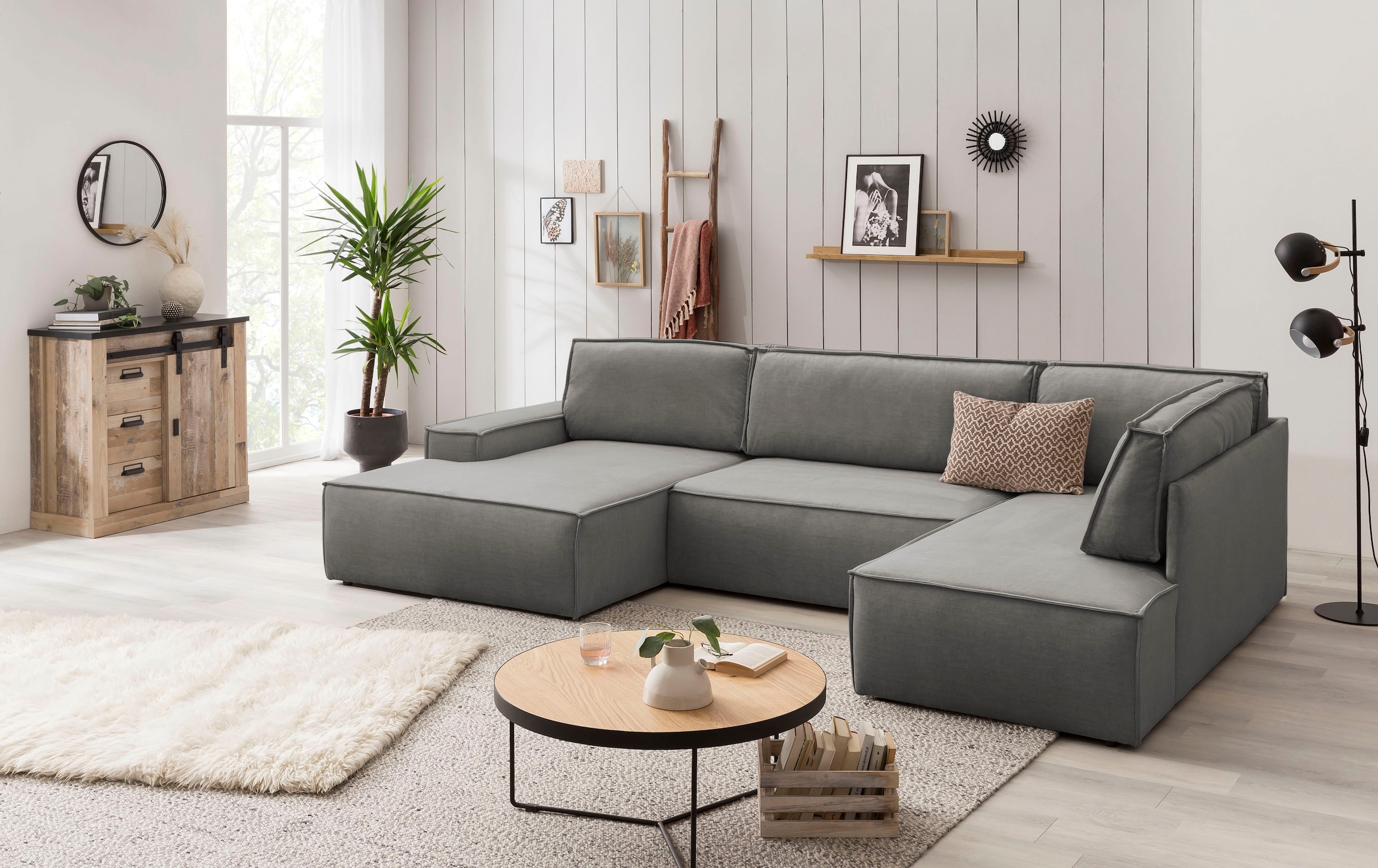 Home affaire Wohnlandschaft »SHERWOOD 329 cm, U-Form, Schlafsofa,«, Schlaffunktion m. Bettkasten (194x139 cm), Cord, Vintage, Samtvelours