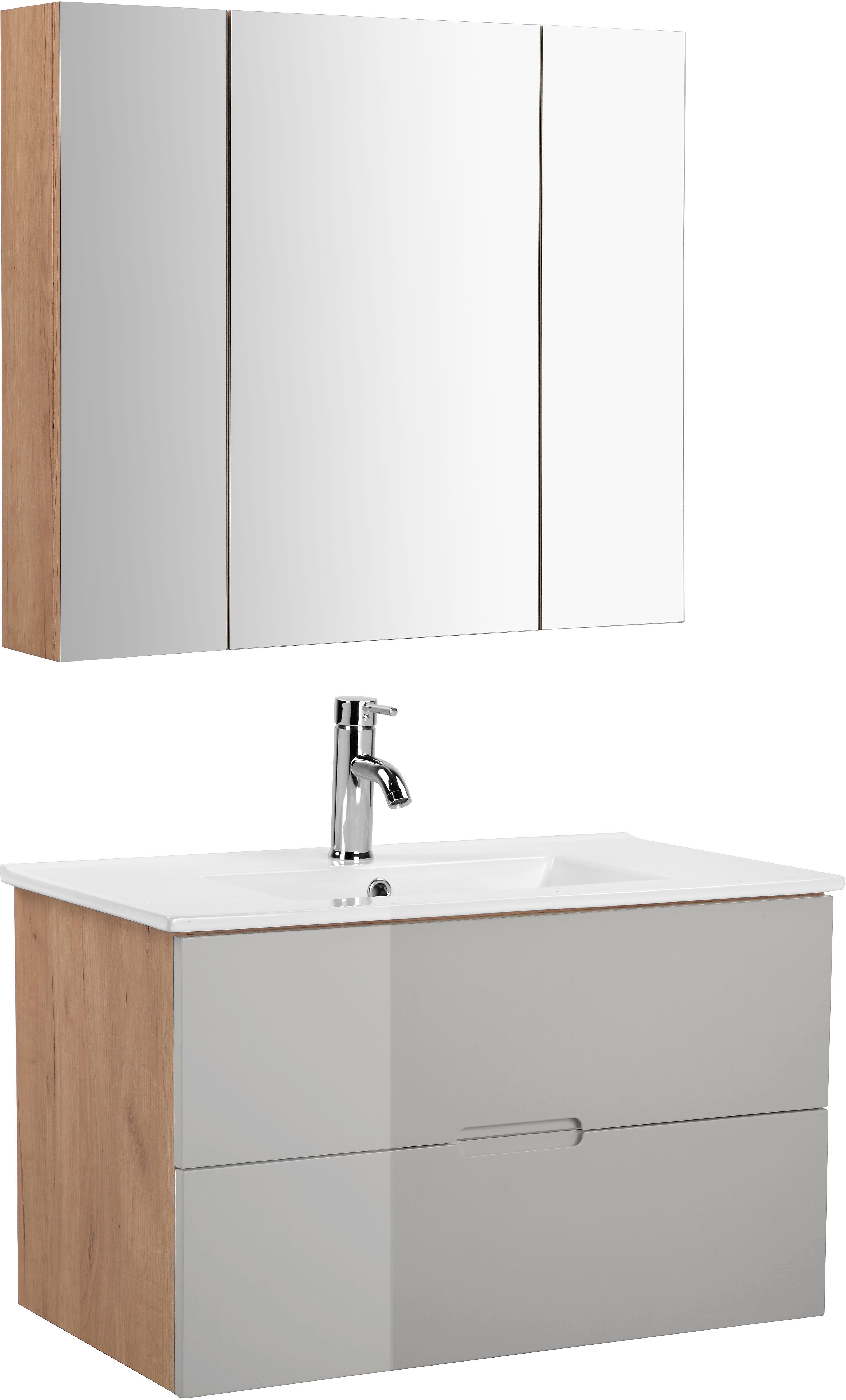 Thumbnail - welltime Badmöbel-Set "Lund Badmöbel Set Badschrank Badezimmerset", (Komplett-Set, 3 St.), Waschtisch, Spiegelschrank un...
