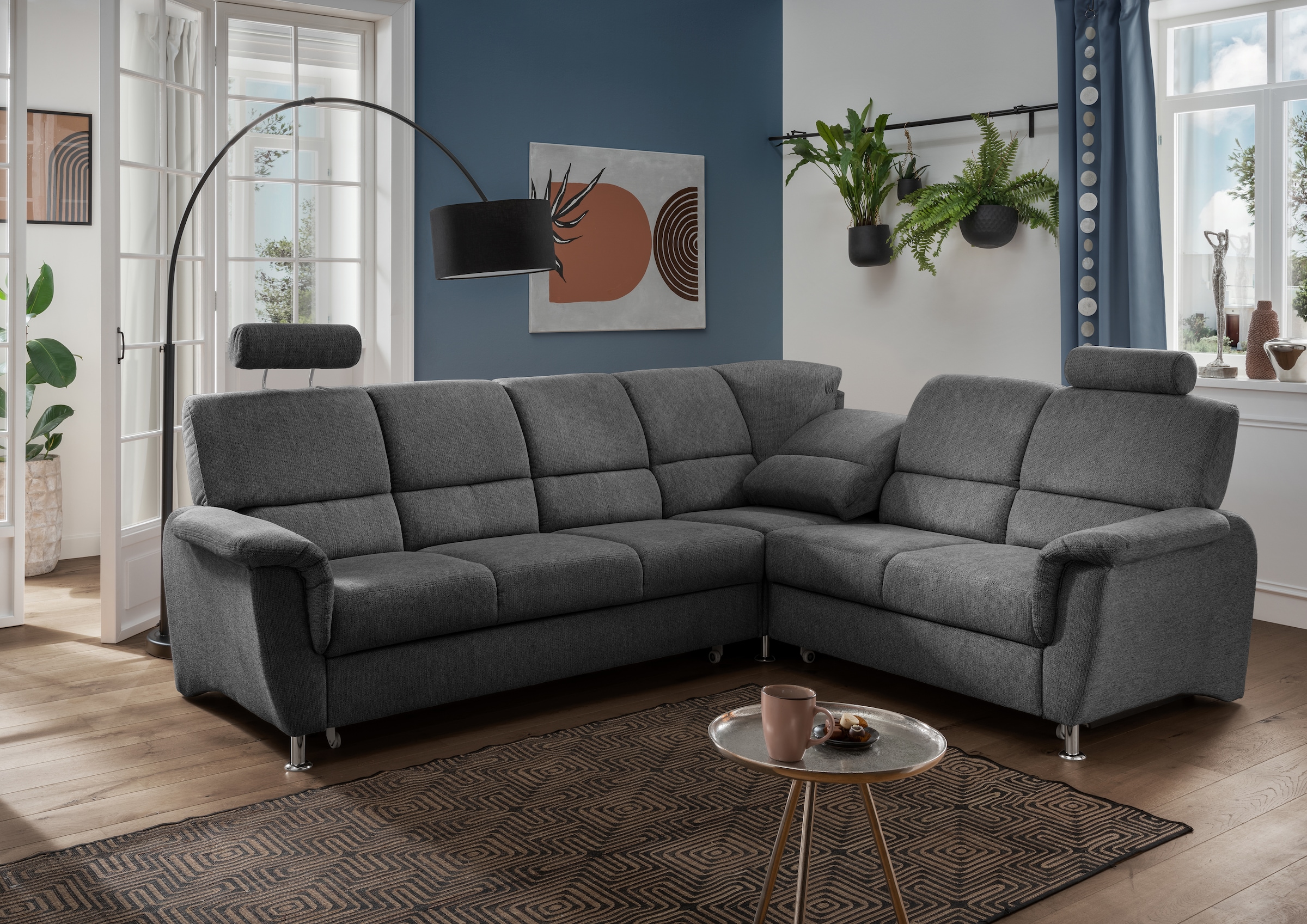 Home affaire Ecksofa »Pisa L-Form, mit Schlaffunktion, Stauraum, 2x höhenverstellbare«, Kopfstützen und Relaxfunktion im Eckelement