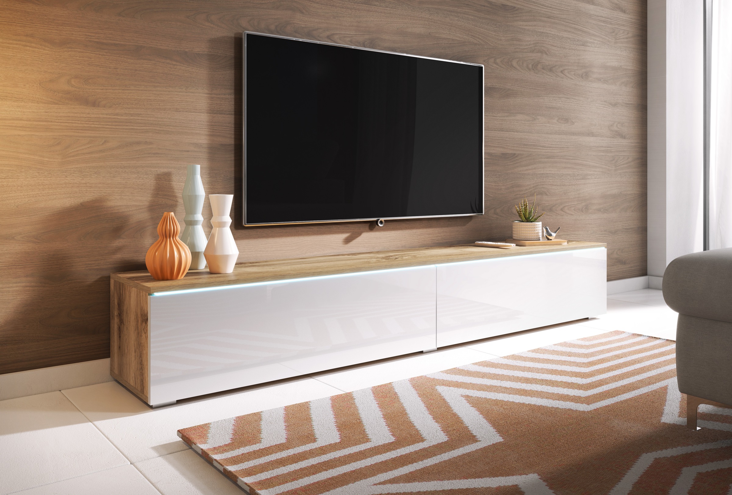 INOSIGN Lowboard »LOWBOARD VERA, wahlweise mit oder ohne Beleuchtung«, Modernes griffloses TV-Board, 180 cm TV-Schrank, stehend und hängend
