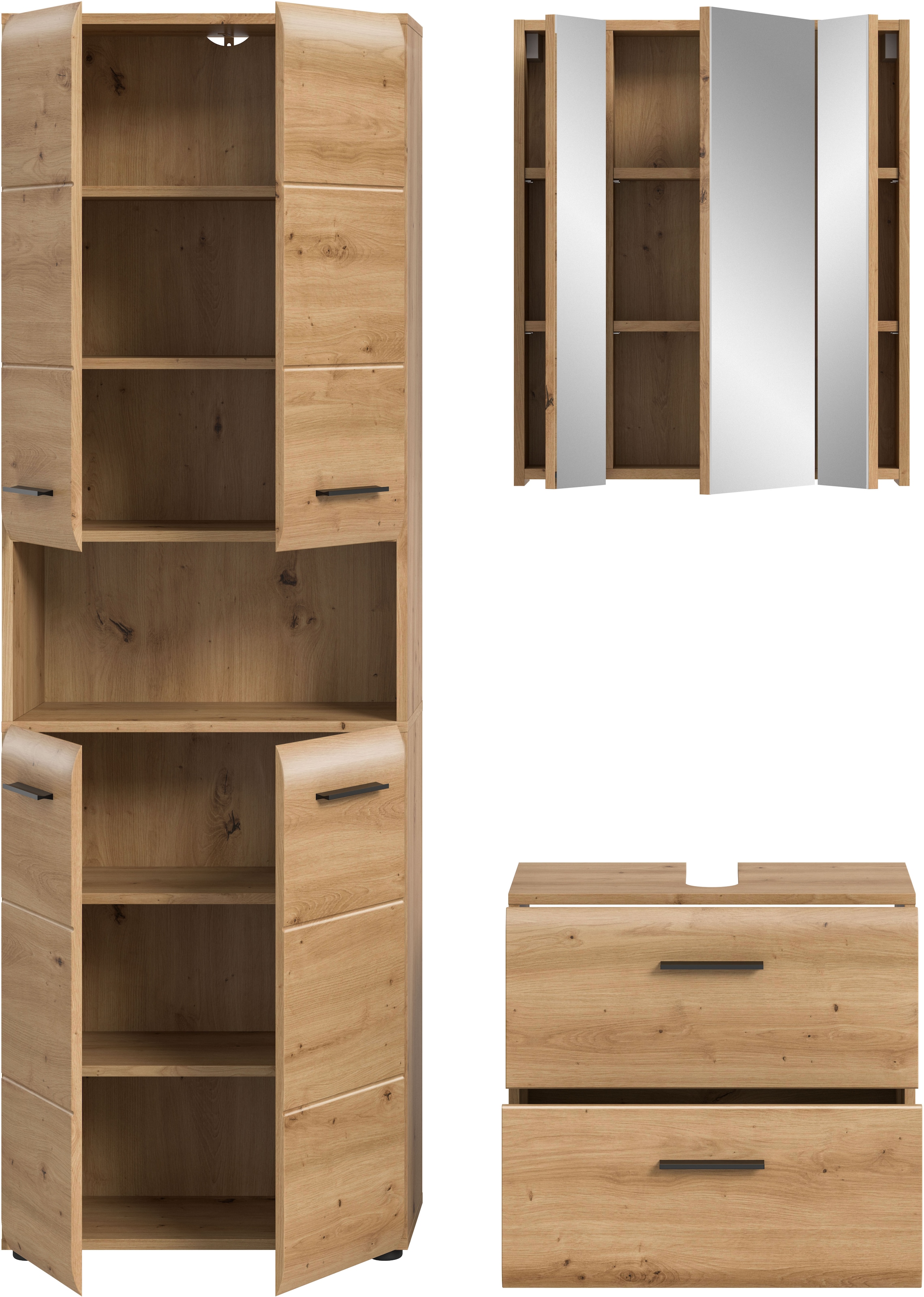 welltime Badmöbel-Set »FLORENZ,  3-teilige Badkombination, hochwertige MDF-Front« Set, best. aus: 1 Hochschrank, 1 Waschbeckenunterschrank, 1 Spiegelschrank, 3 Stk. tlg.