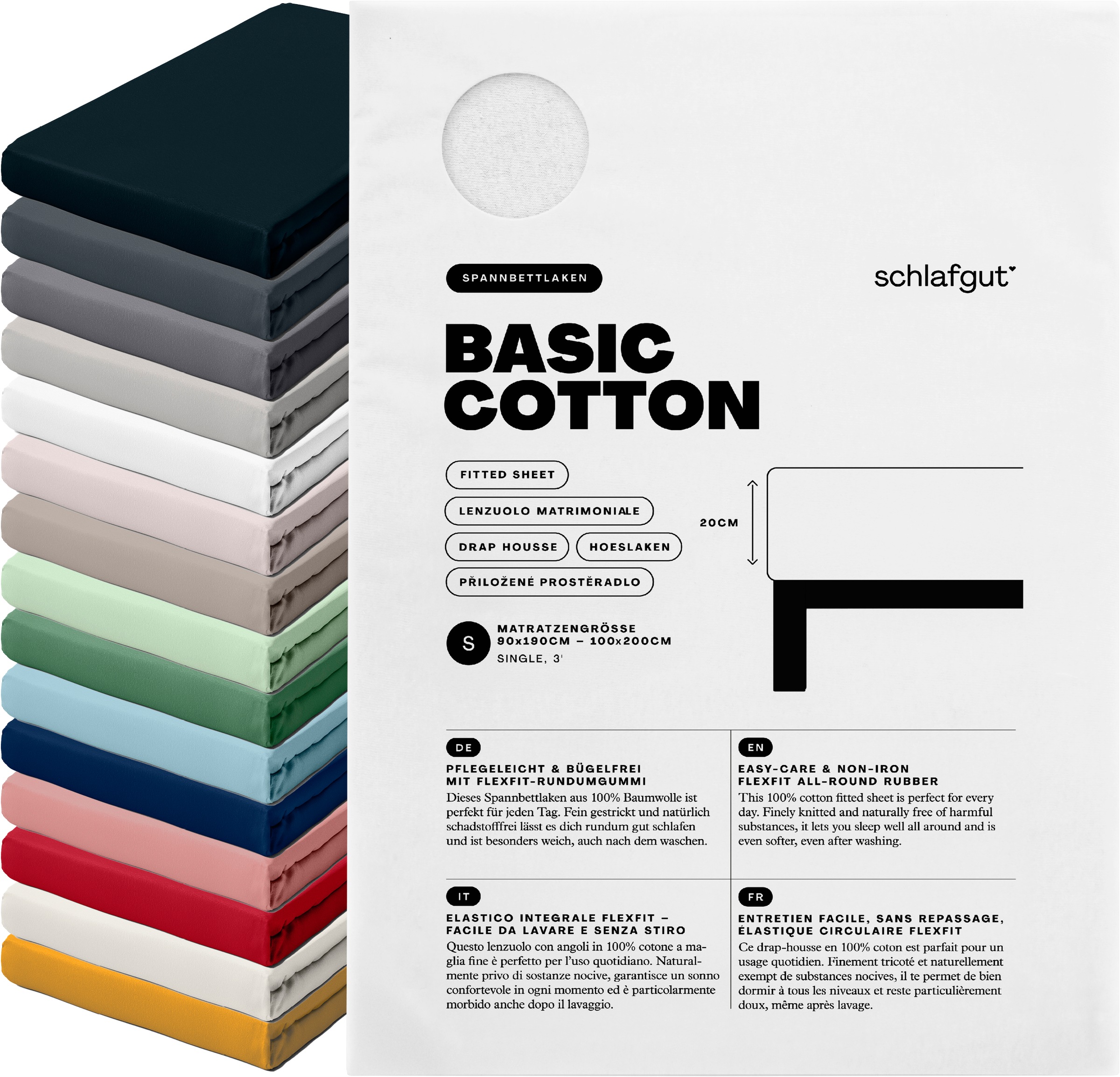 Schlafgut Spannbettlaken »Basic Cotton Bettlaken, 160 g/m², 100% Baumwolle, Spannbetttuch« Spannbettlaken bis 20 cm Matratzenhöhe, bügelfrei und pflegeleicht
