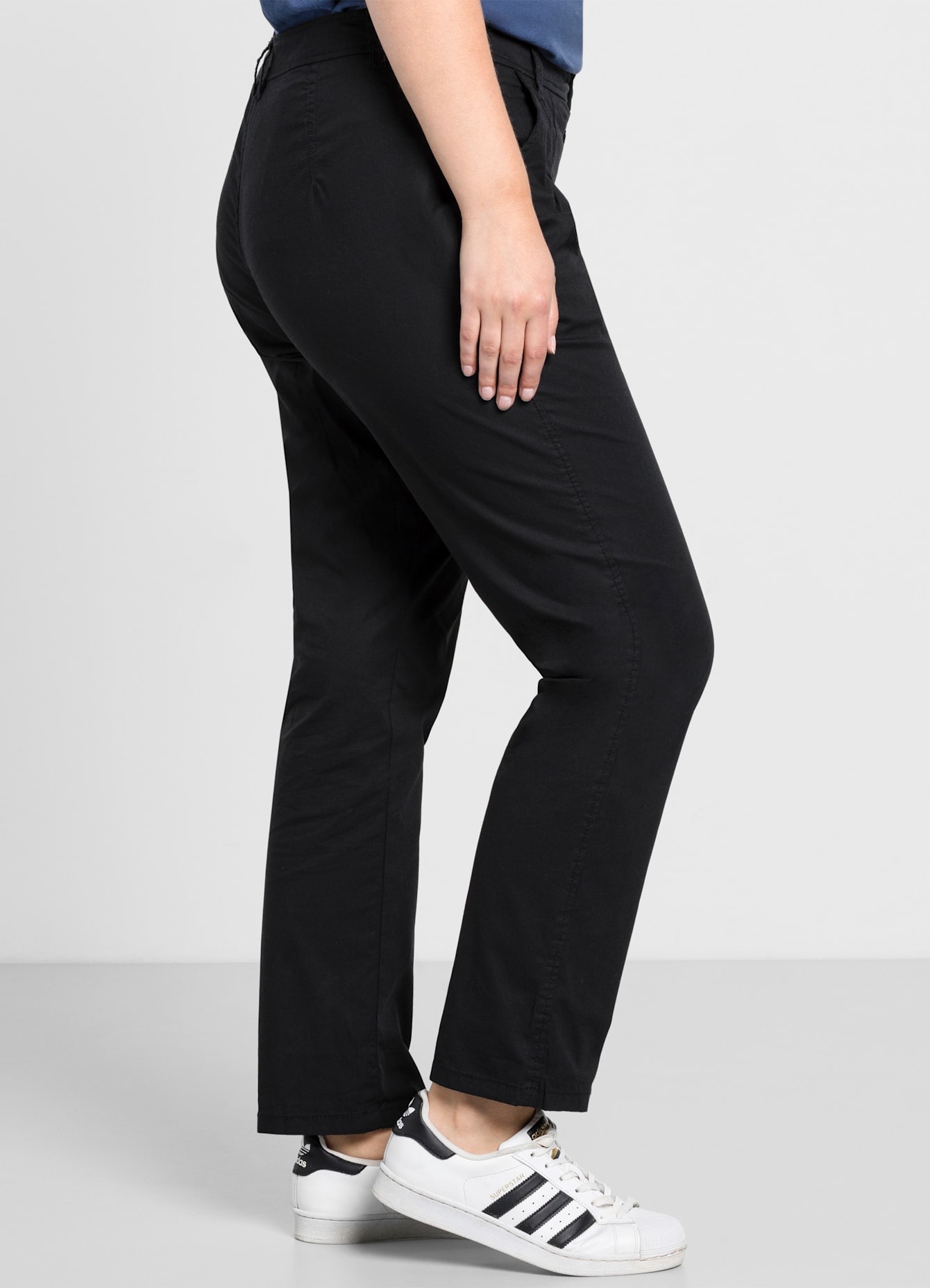 Chinohose SHEEGO, Damen, Gr. 92, Langgrößen, schwarz, 97% Baumwolle, 3% Elasthan, unifarben, Hosen Chinohose 3