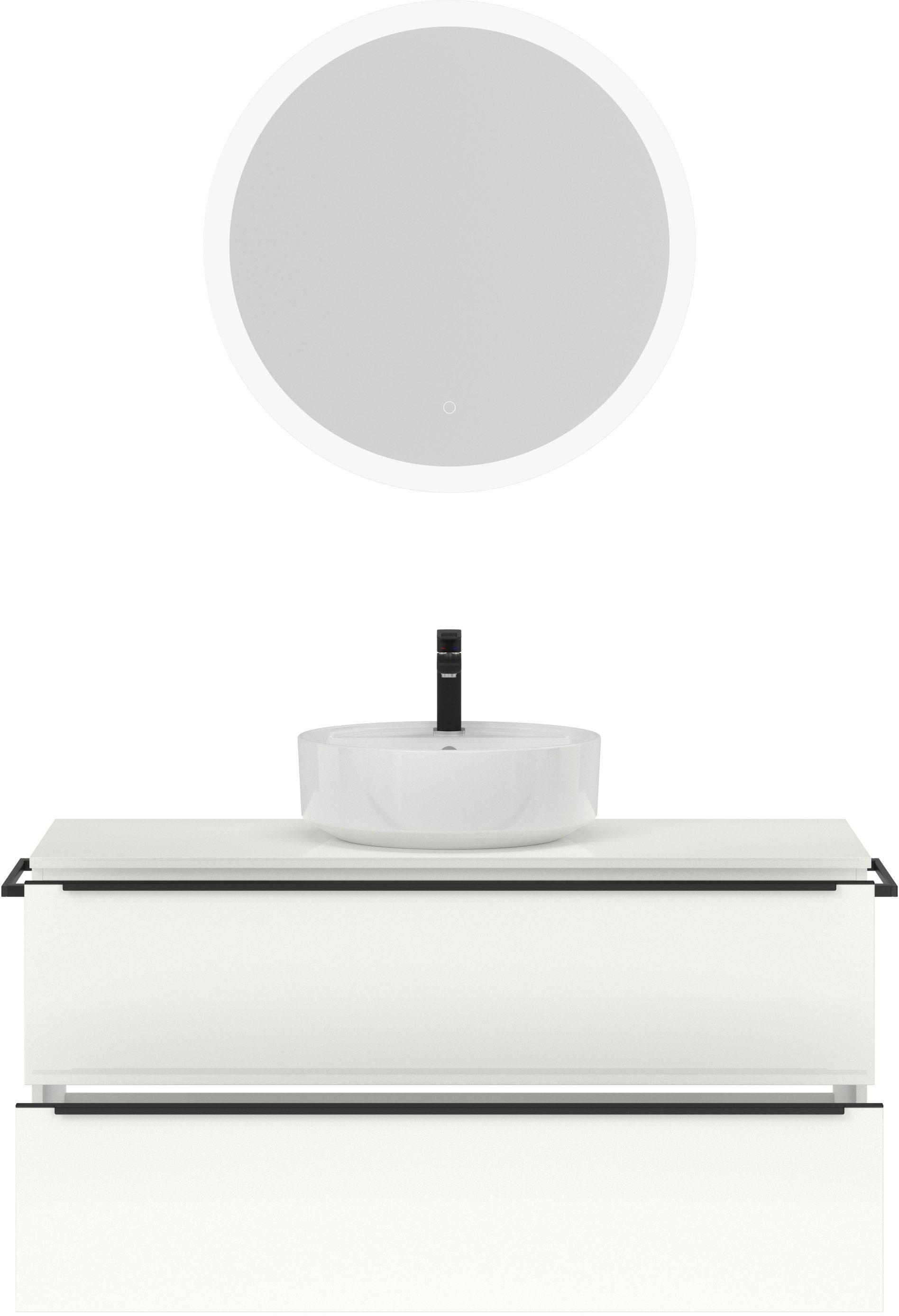 nobilia® Badmöbel-Set »Alvene«, (2 St., vormontiert, mit Soft-Close), Hochglanz, inkl. Spiegel mit Touch-Sensor, in vier Breiten