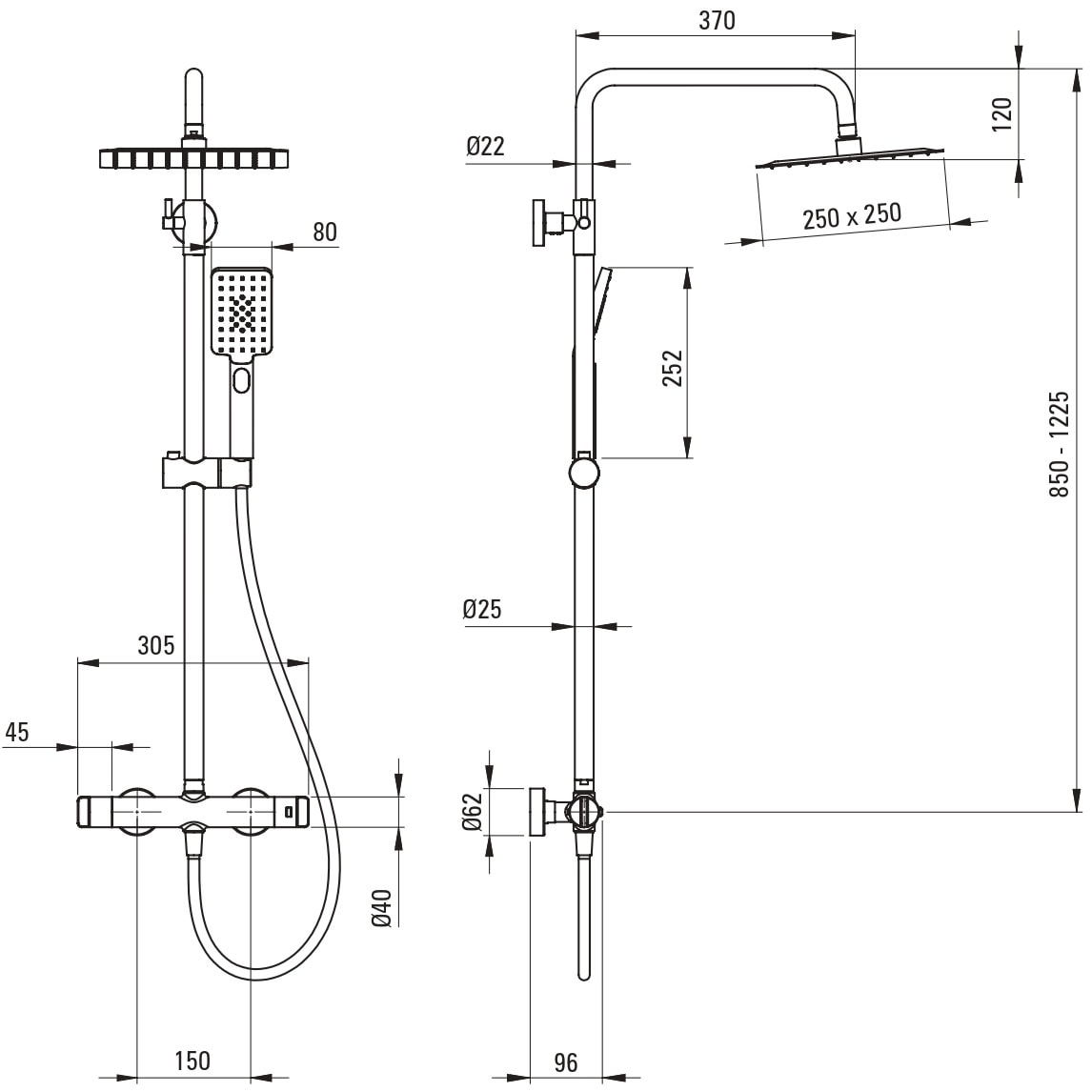 Deante Duschsystem »Duschbatterie, thermostatisch, Titanium-Beschichtung«, verstellbare Höhe, Einstellbereich: 85-122, Temperatursperre bei 38˚C
