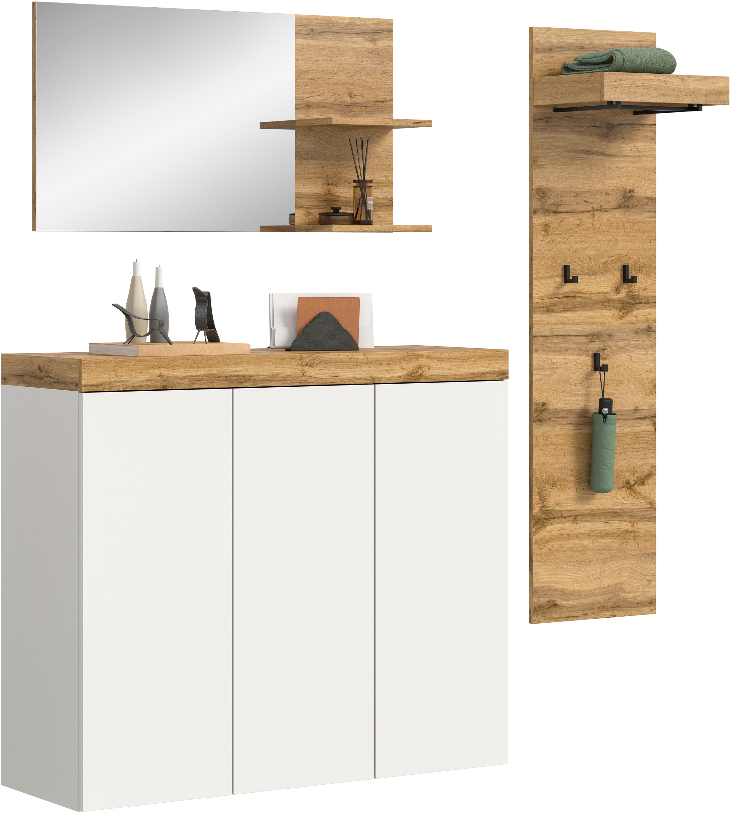 OTTO home Garderoben-Set »MAMBO, TOPSELLER!, 3-teilige Kombination, stehend & hängend montierbar« bestehend aus: Kommode, Spiegel, Garderobenpaneel, 3 Stk. tlg.
