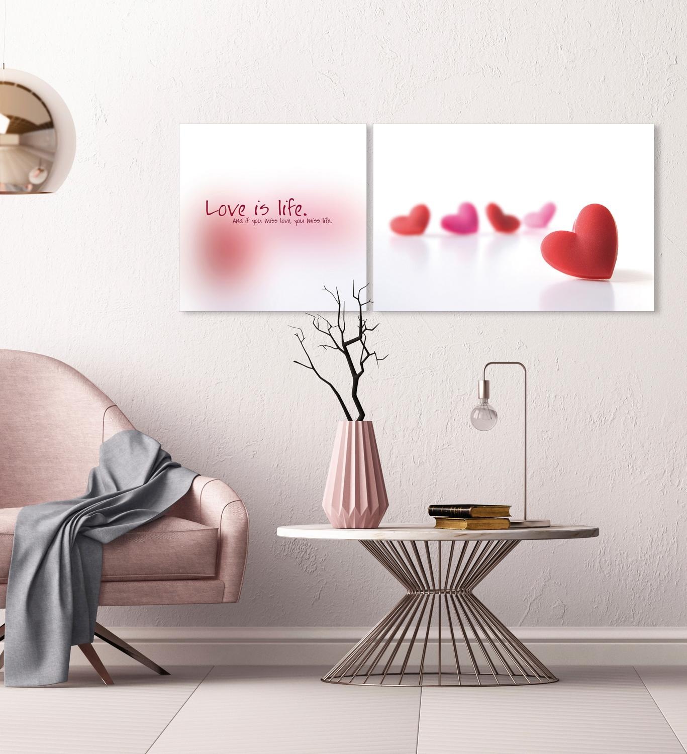 queence Leinwandbild »Love is Life«, Herz-Herzbilder-Kunst-Modern-Spa-Spa Bilder-Sprüche-Sprüche & Texte-Schriftzug-Schriftzüge, (Set), Premium-Leinwandstoff, Handarbeit aus Deutschland, Spruch, 2er Set