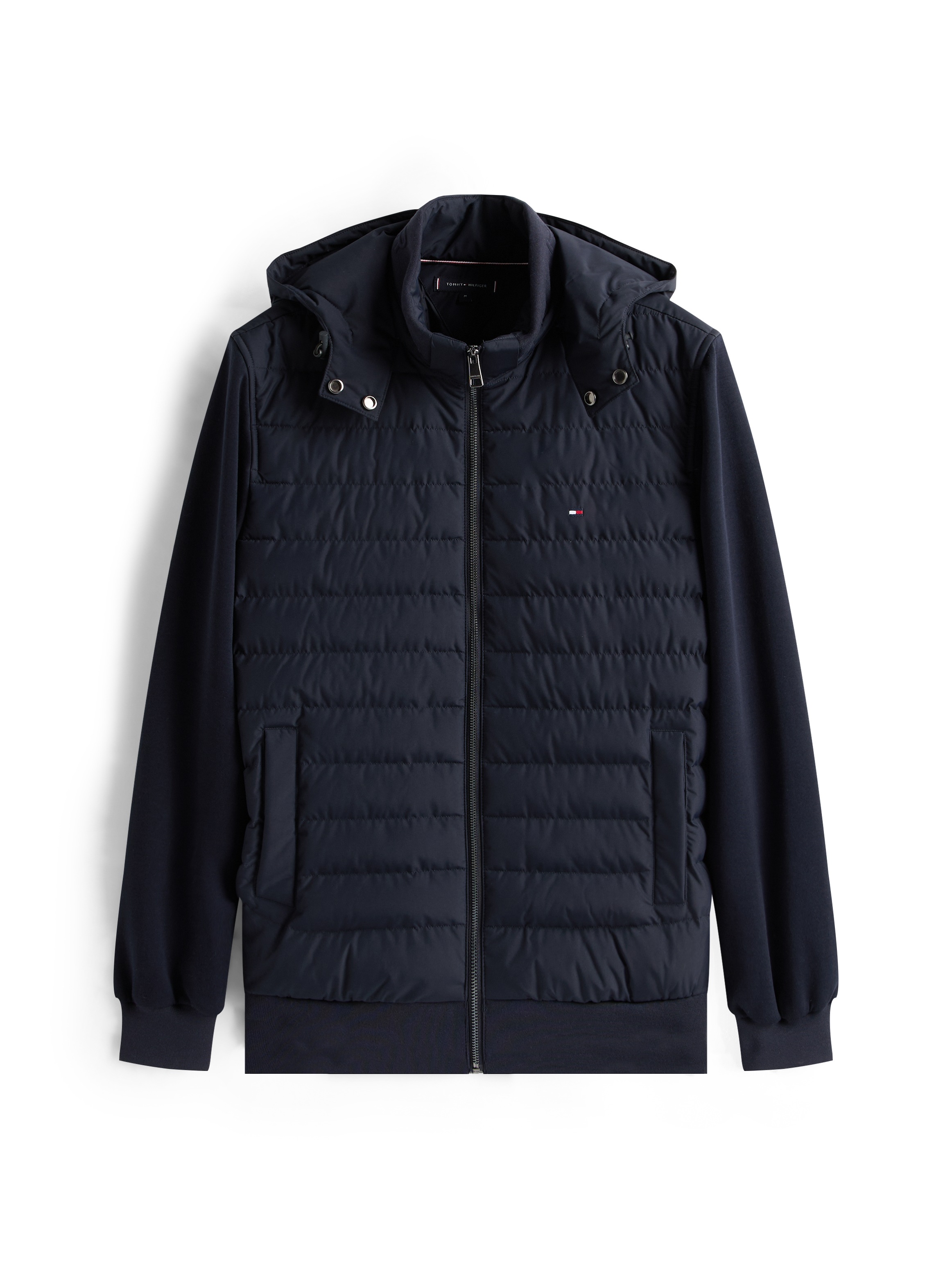 Tommy Hilfiger Kapuzensweatjacke »MIX MEDIA HOODED ZIP THROUGH«, mit gesteppten Einsatz, abnehmbare Kapuze, Stehkragen, regular fit