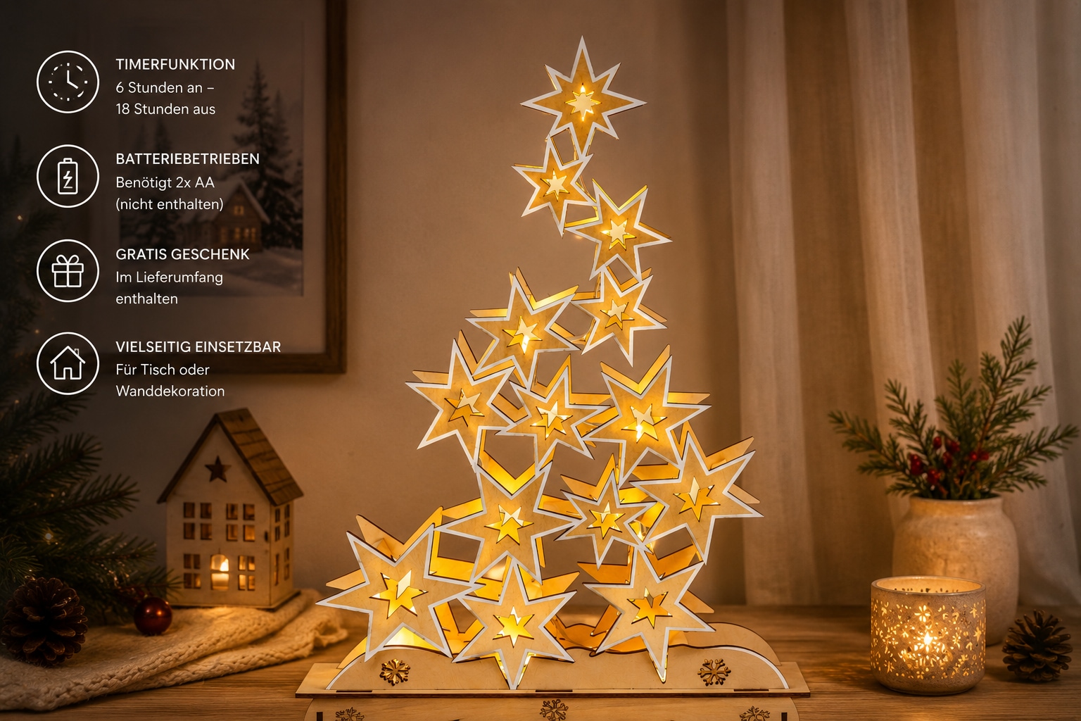 OTTO home LED Dekoobjekt »Holzdekoration Weihnachten« 1 Stk. Warmweiß Gratis-Hänger, 6h-Timer,Höhe 21 cm