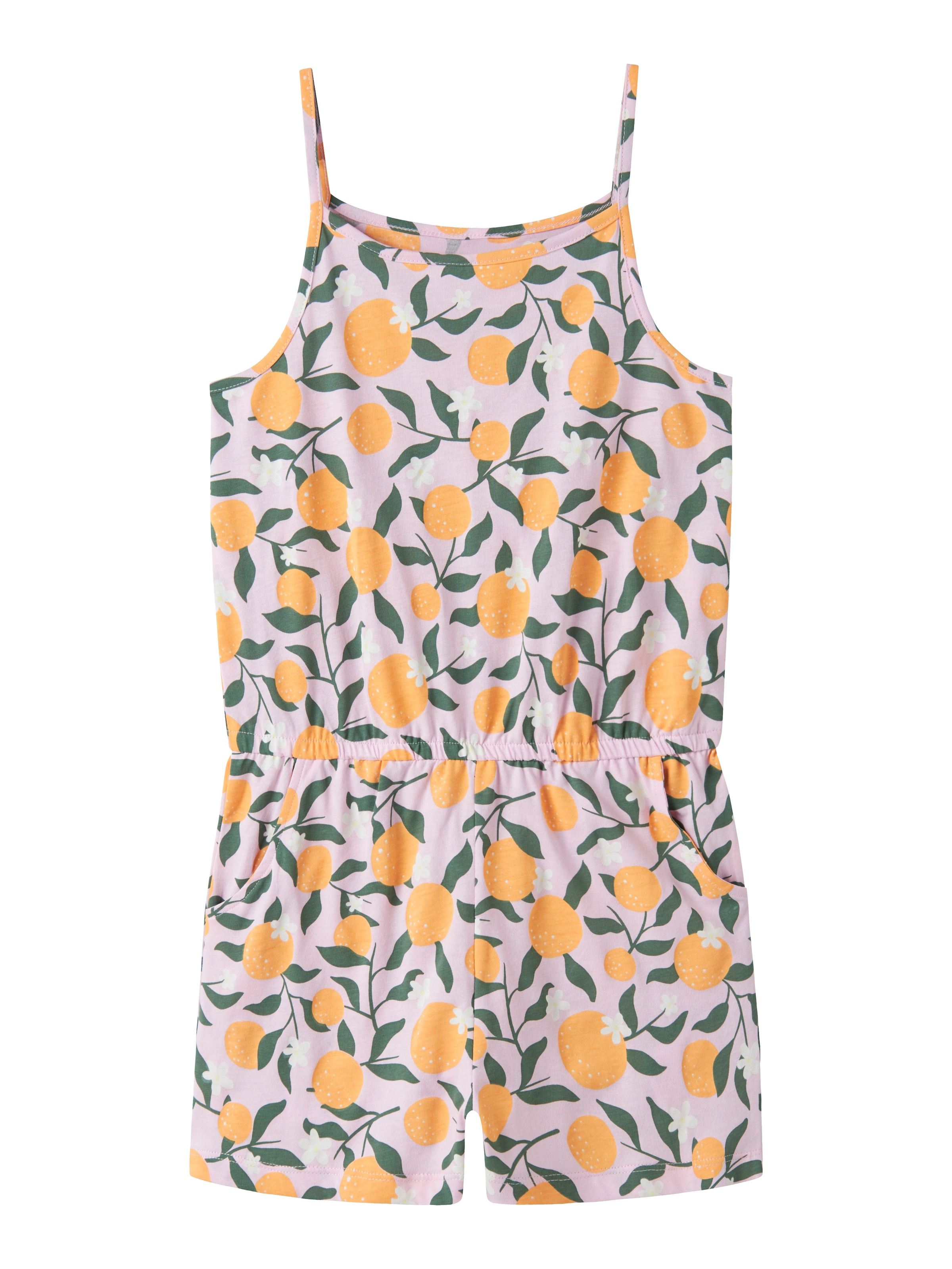 Jumpsuit NAME IT "NKFVIGGA STRAP SUIT F1 NO", Mädchen, Gr. 134, N-Gr, pirouette aop:oranges, Jersey, Obermaterial: 100% Baumwolle, bedruckt, regular fit normal, Overalls Jumpsuit, im sommerlichen Alloverdruck