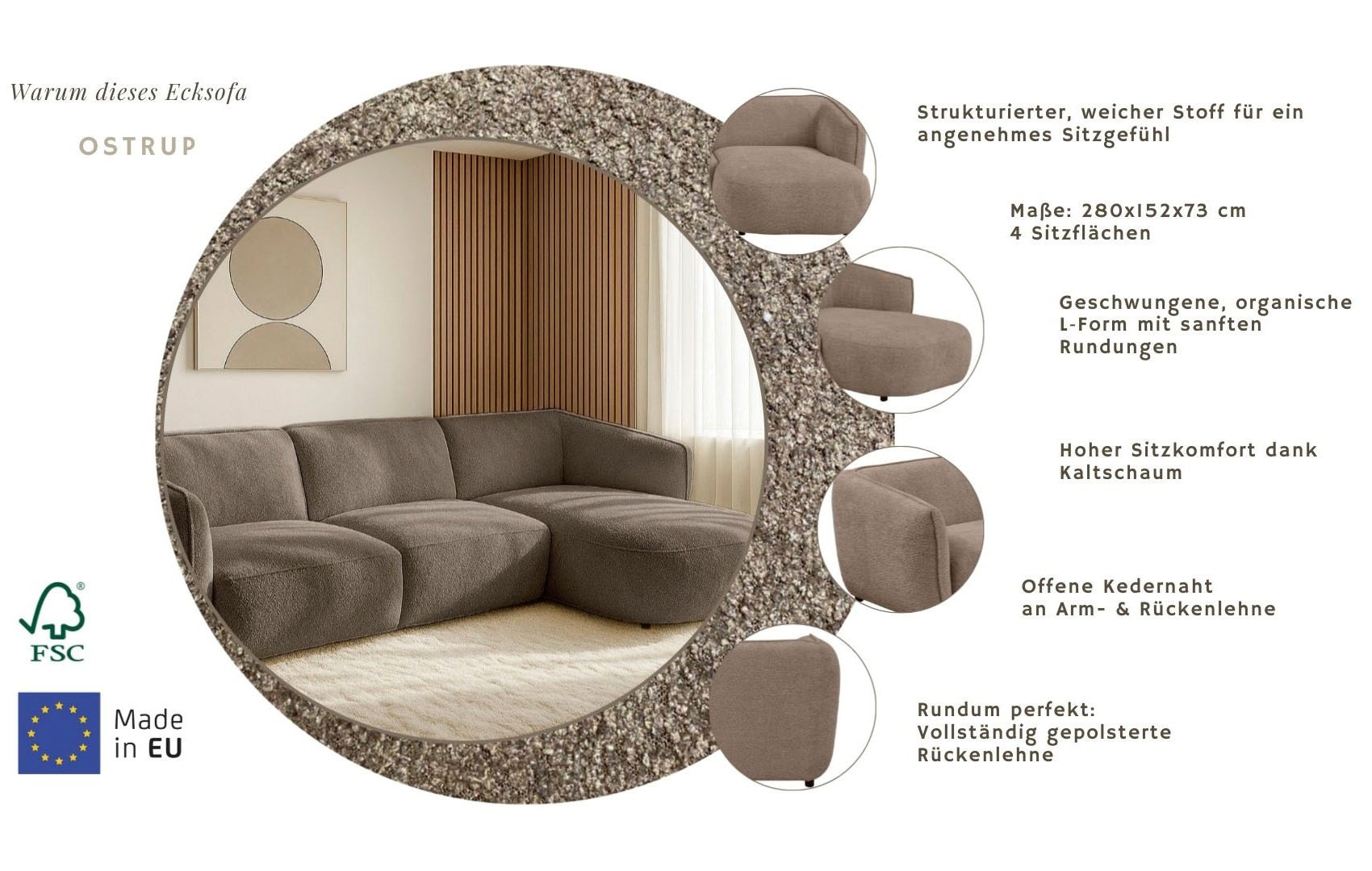 Home affaire Ecksofa »OSTRUP Rundsofa, L-Form, Naturtöne, Boucle« Breite 280 cm, organische Form mit sanften Rundungen